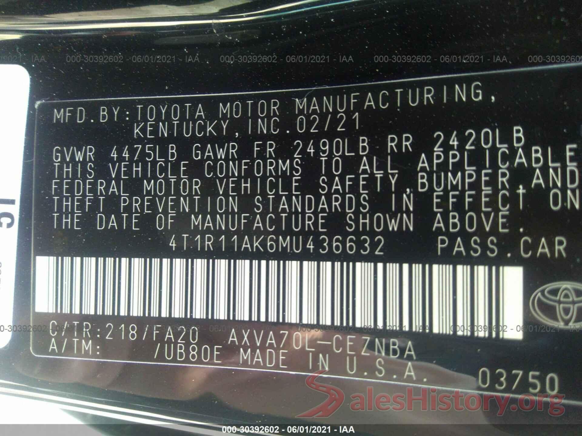 4T1R11AK6MU436632 2021 TOYOTA CAMRY