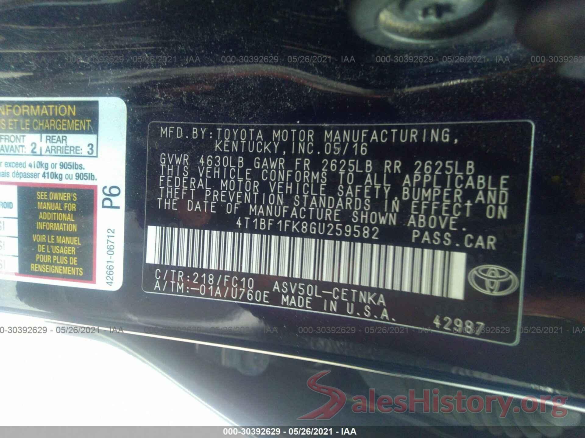 4T1BF1FK8GU259582 2016 TOYOTA CAMRY