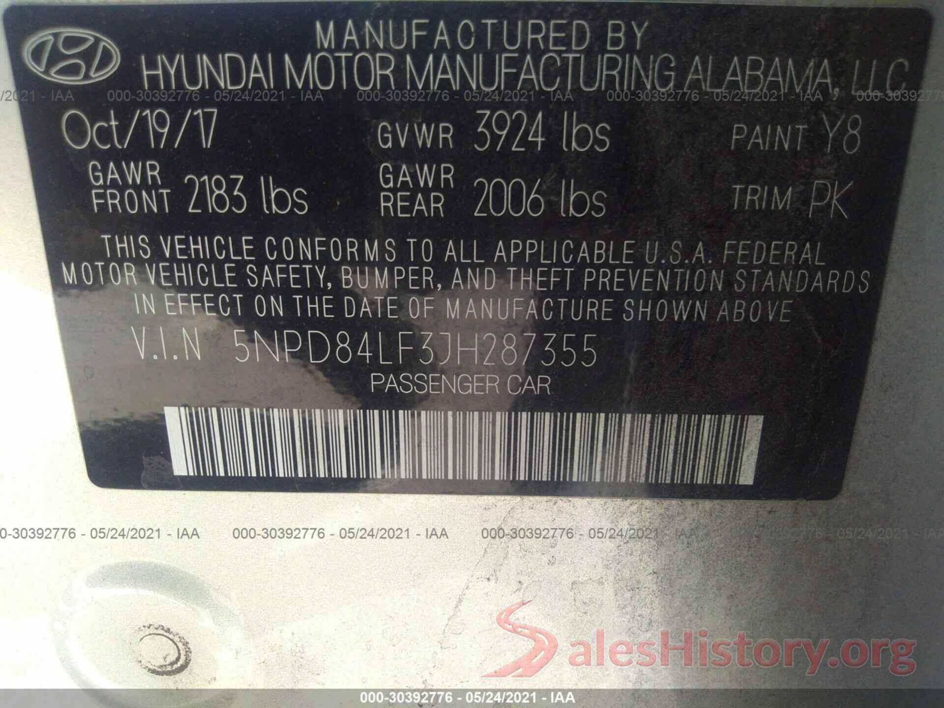 5NPD84LF3JH287355 2018 HYUNDAI ELANTRA