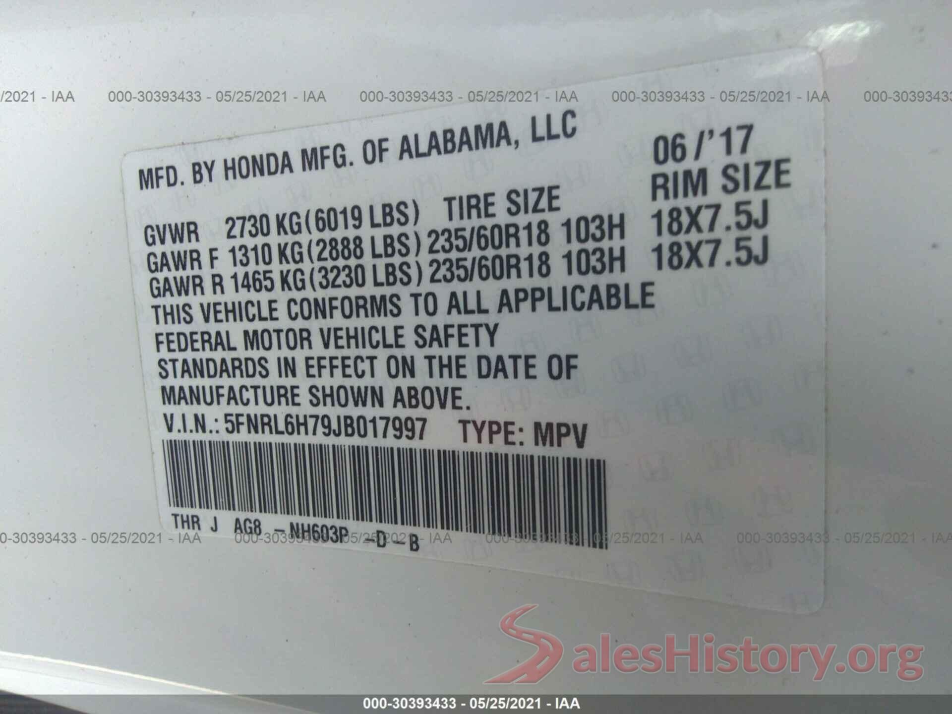 5FNRL6H79JB017997 2018 HONDA ODYSSEY