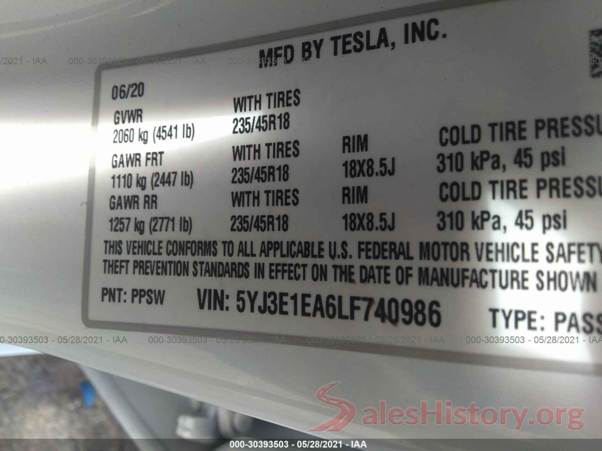 5YJ3E1EA6LF740986 2020 TESLA MODEL 3