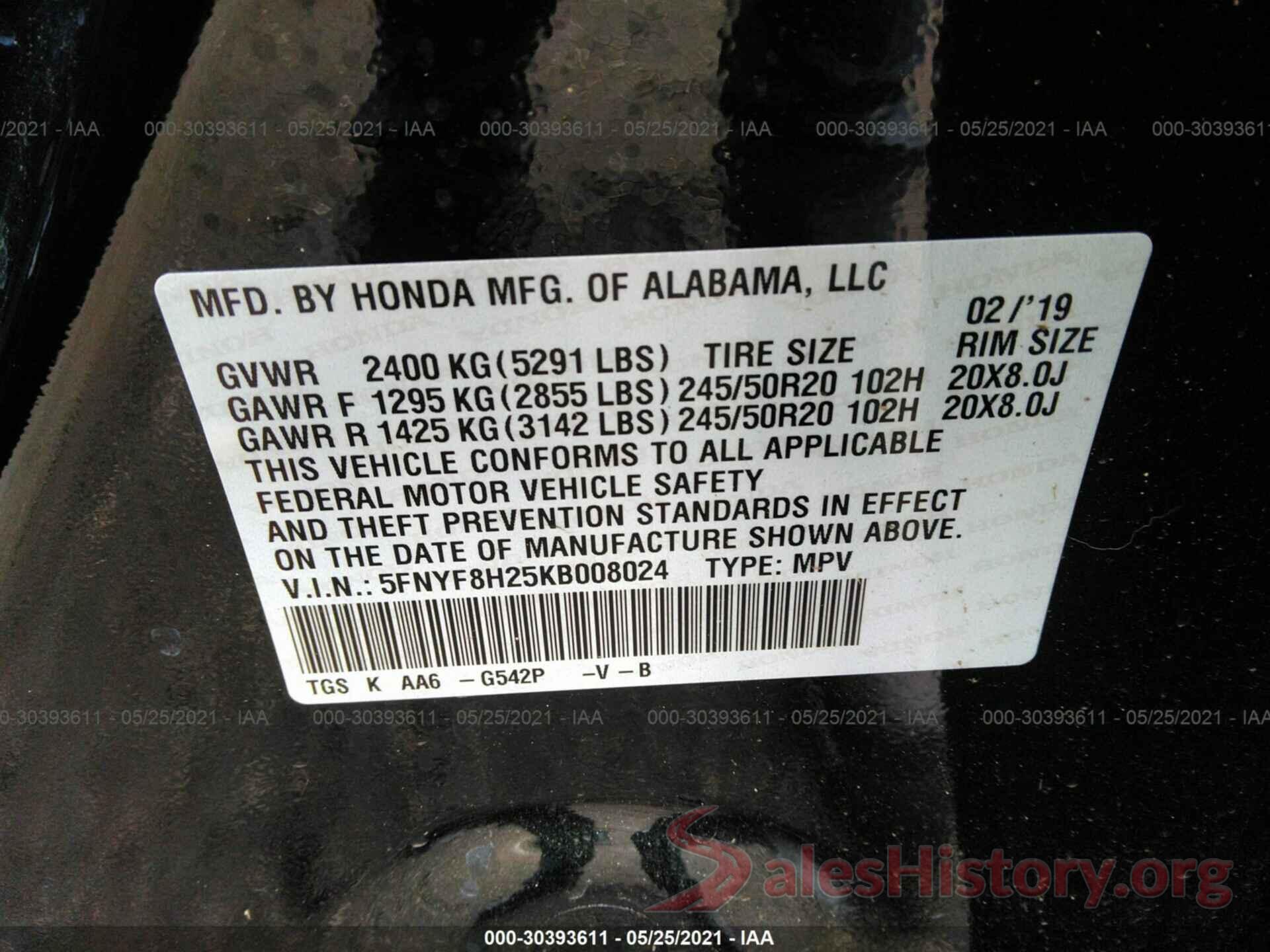 5FNYF8H25KB008024 2019 HONDA PASSPORT