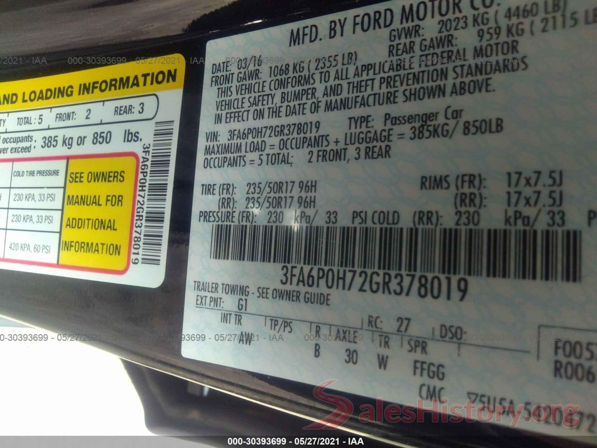 3FA6P0H72GR378019 2016 FORD FUSION