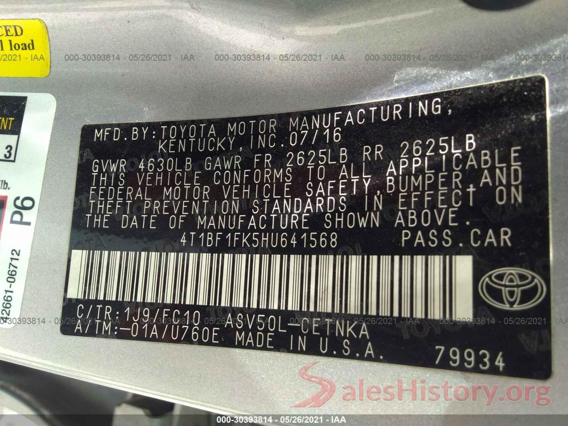 4T1BF1FK5HU641568 2017 TOYOTA CAMRY