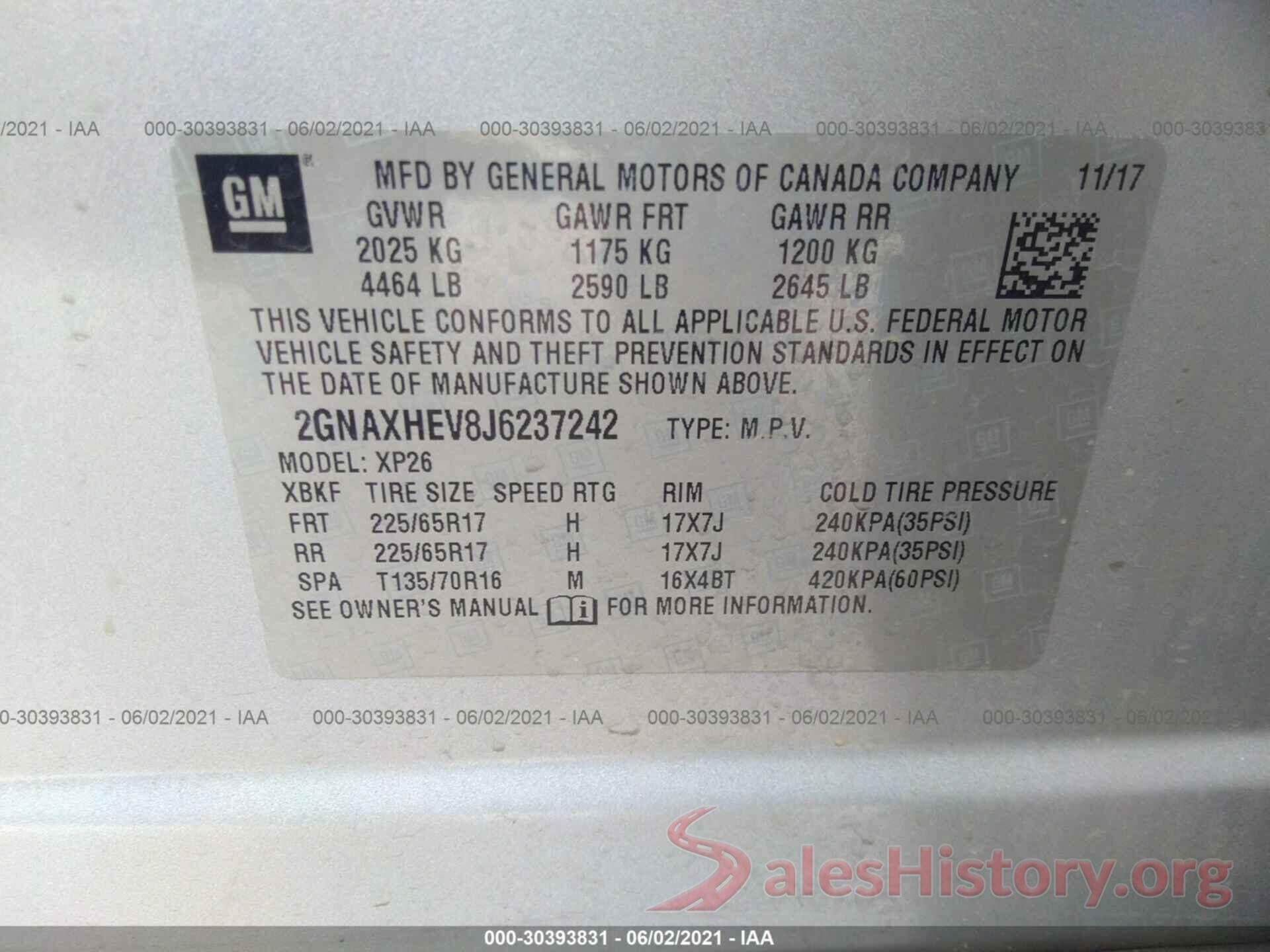 2GNAXHEV8J6237242 2018 CHEVROLET EQUINOX