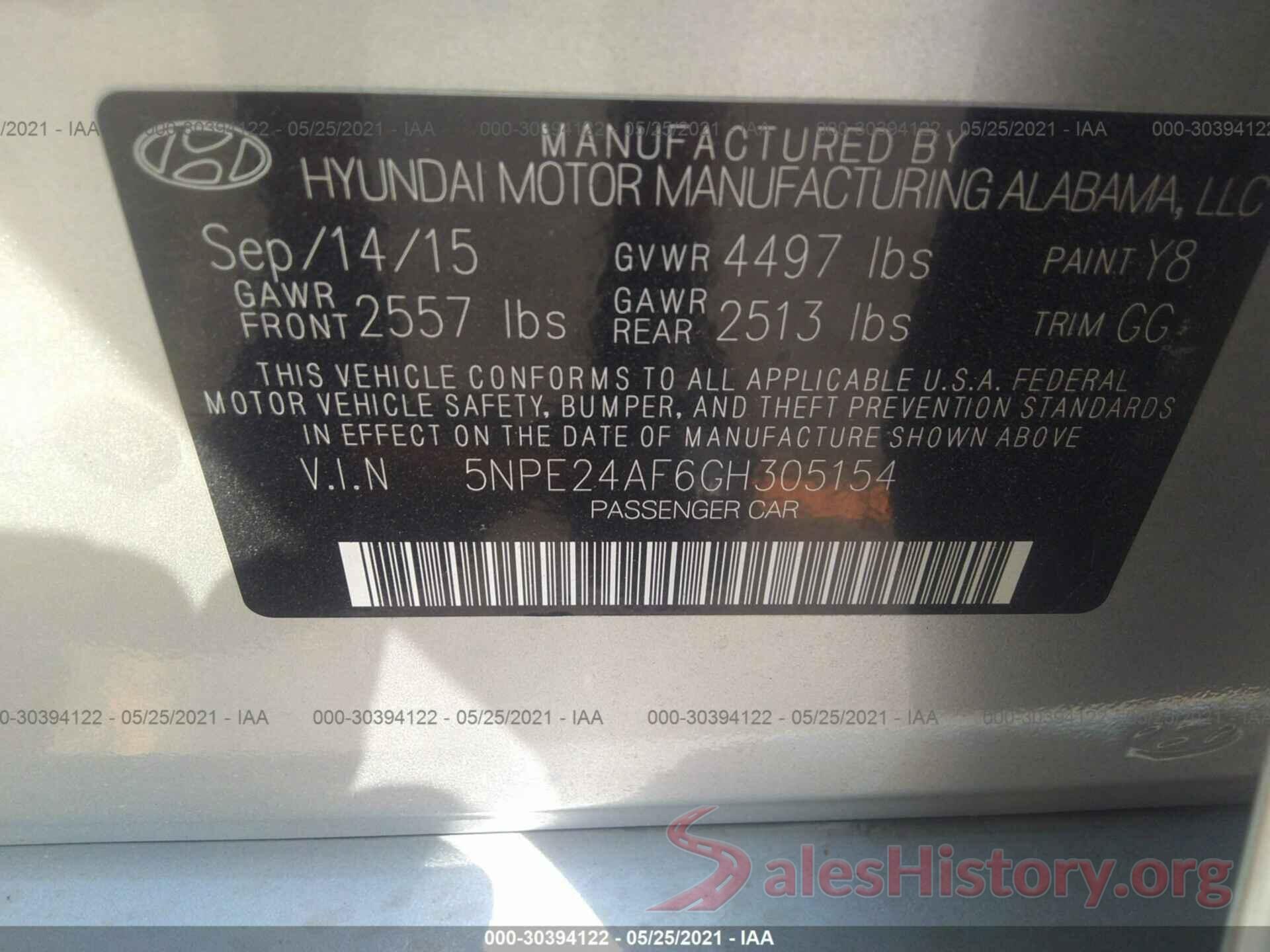 5NPE24AF6GH305154 2016 HYUNDAI SONATA