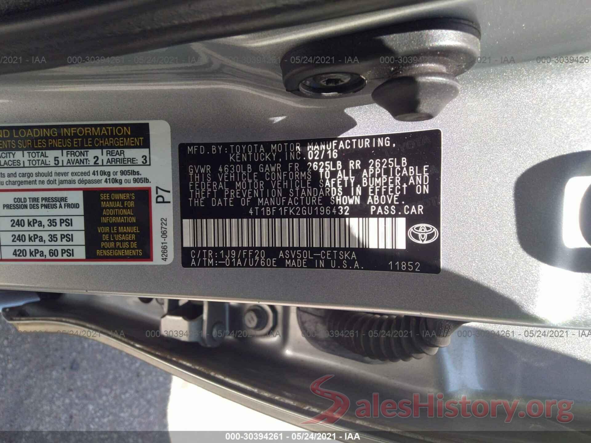 4T1BF1FK2GU196432 2016 TOYOTA CAMRY