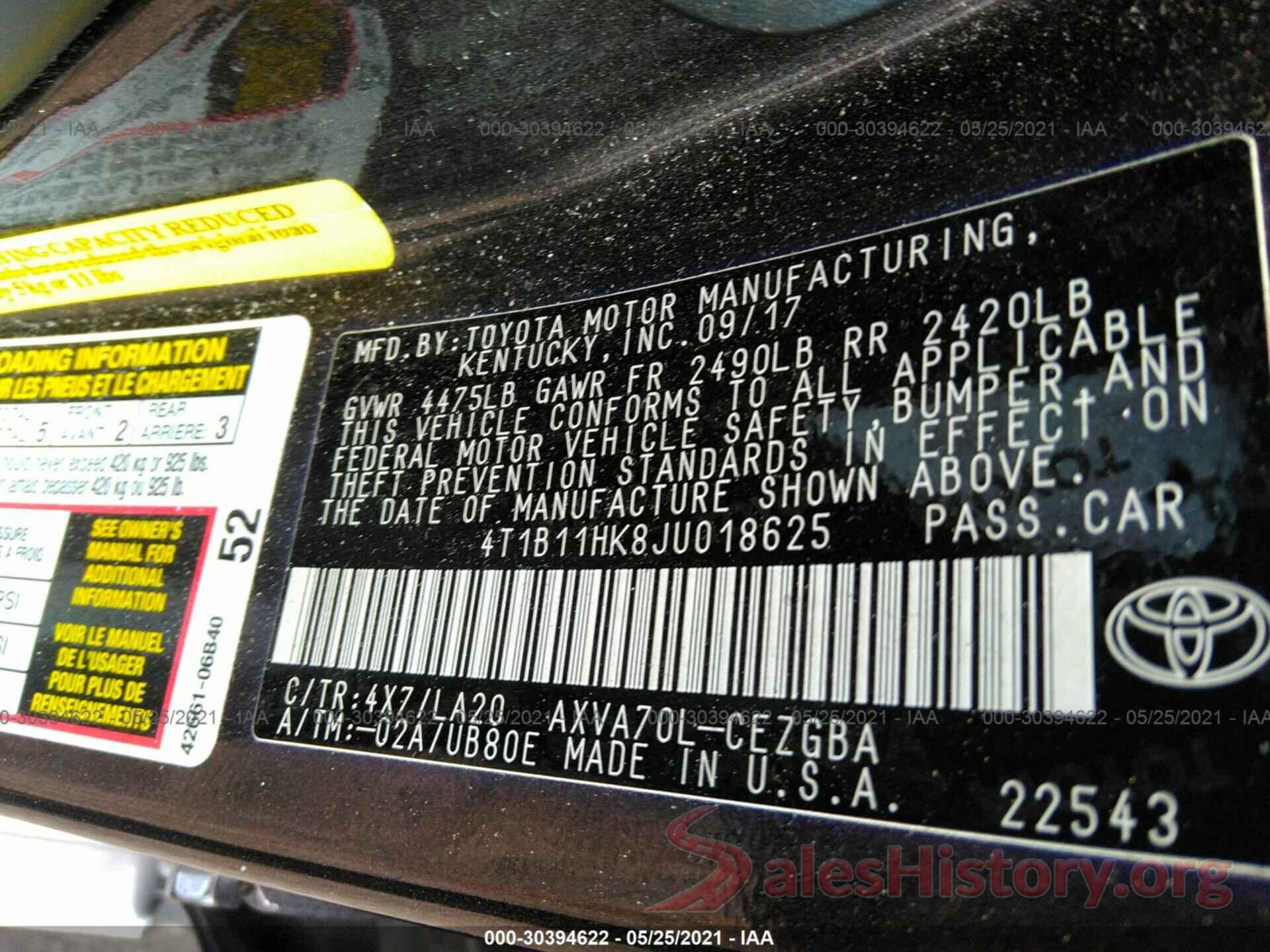 4T1B11HK8JU018625 2018 TOYOTA CAMRY