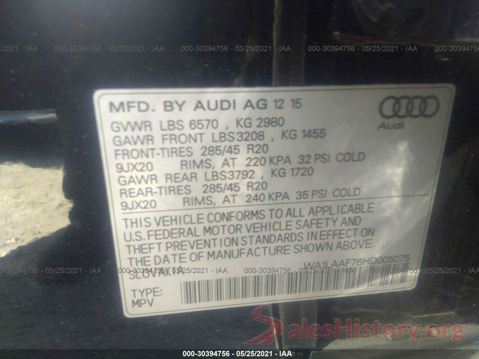 WA1LAAF76HD005075 2017 AUDI Q7