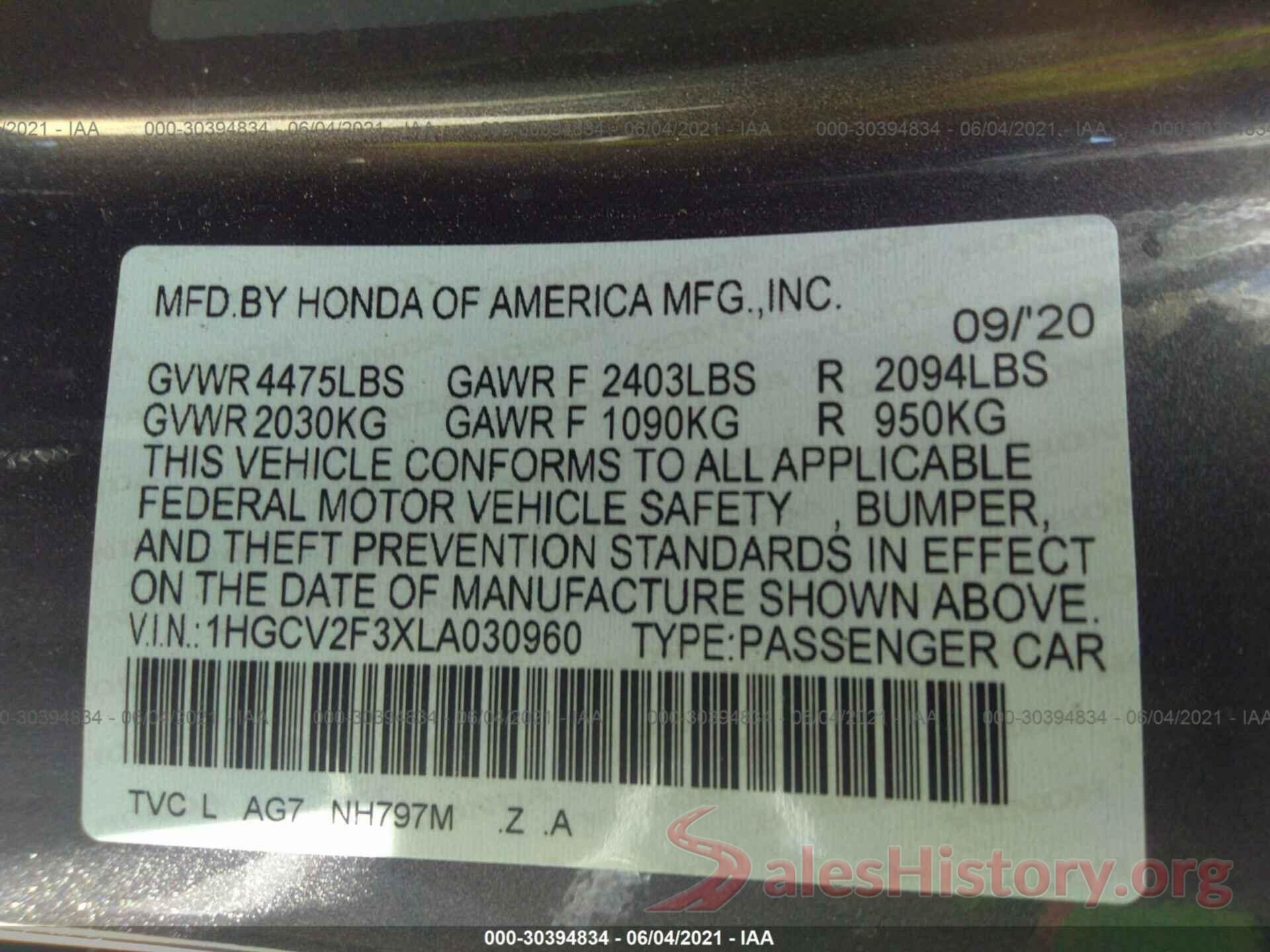 1HGCV2F3XLA030960 2020 HONDA ACCORD SEDAN