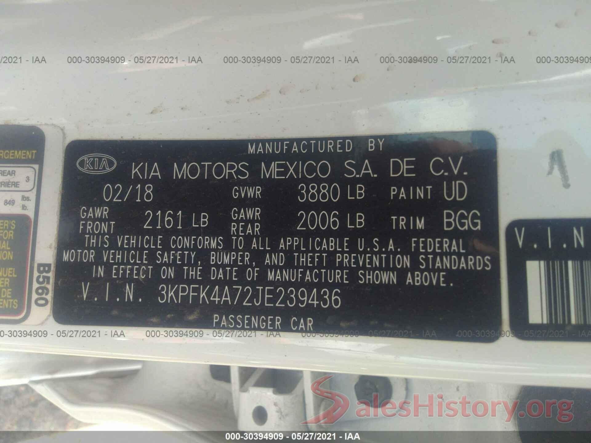 3KPFK4A72JE239436 2018 KIA FORTE