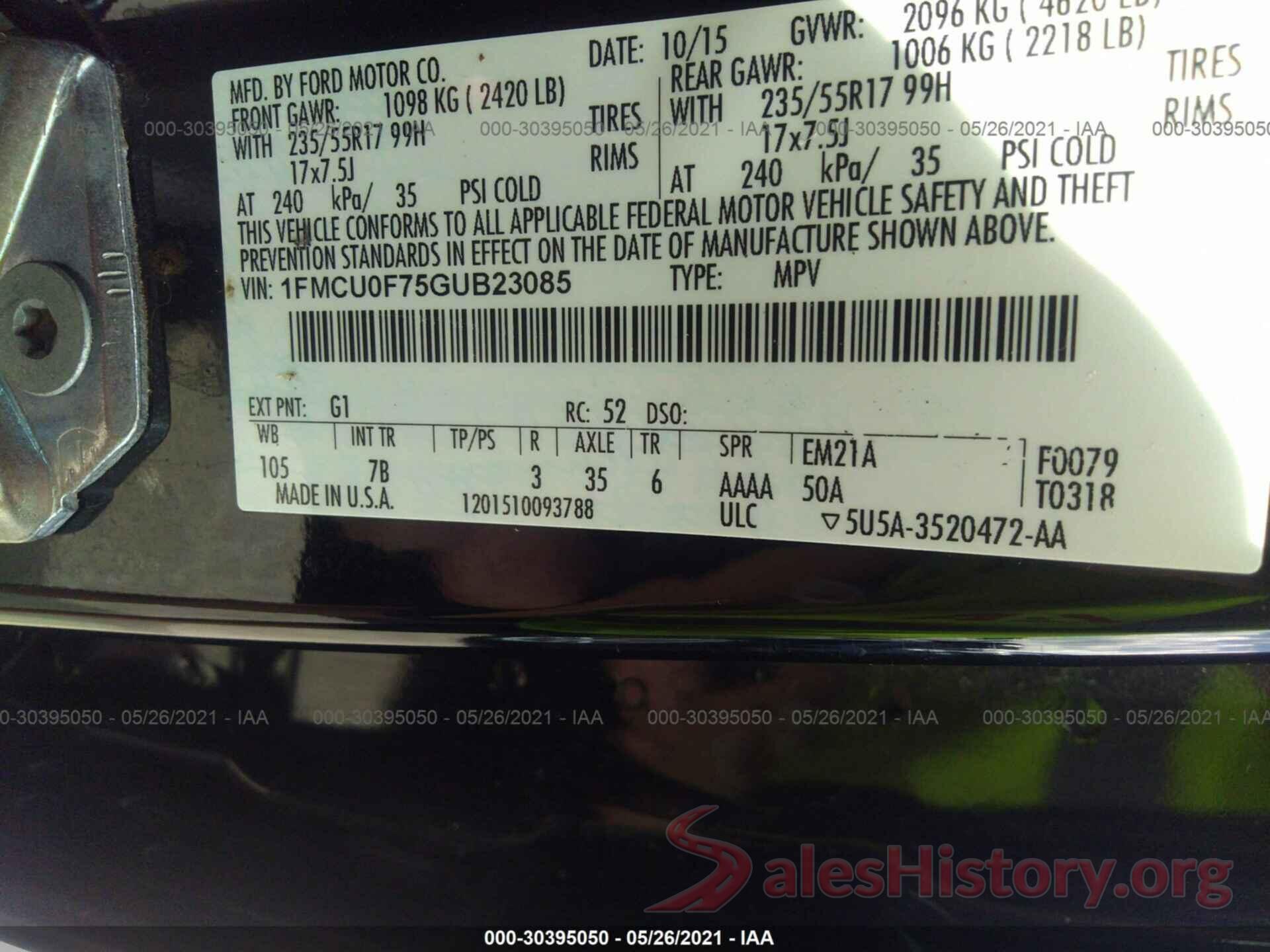 1FMCU0F75GUB23085 2016 FORD ESCAPE