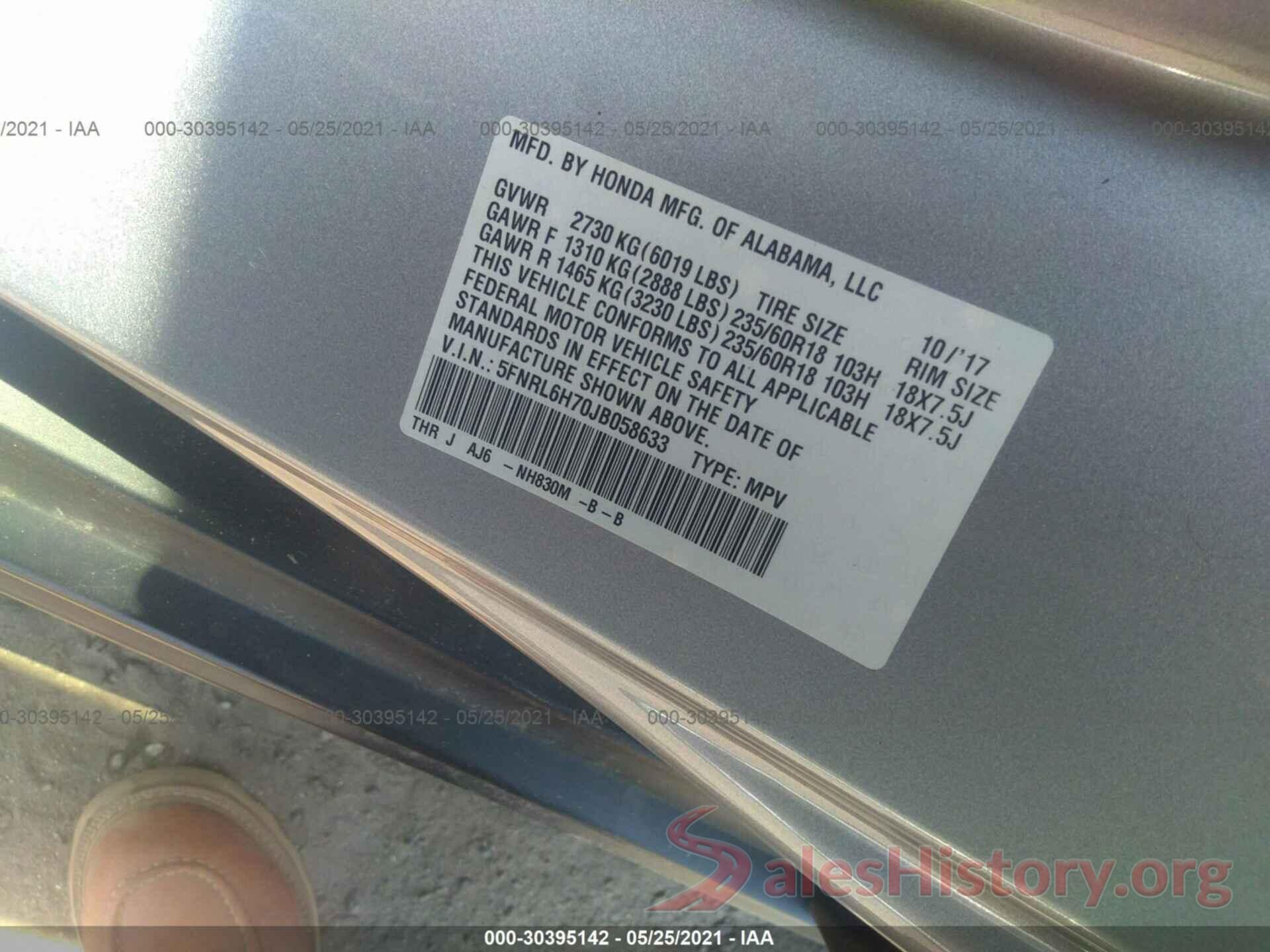 5FNRL6H70JB058633 2018 HONDA ODYSSEY