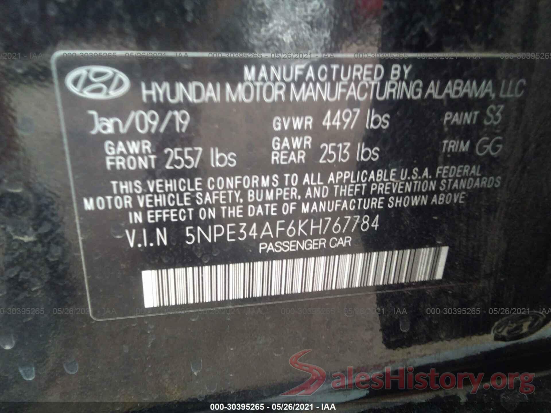 5NPE34AF6KH767784 2019 HYUNDAI SONATA