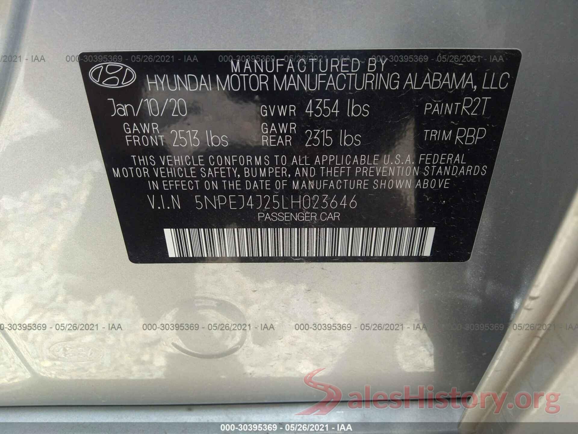 5NPEJ4J25LH023646 2020 HYUNDAI SONATA