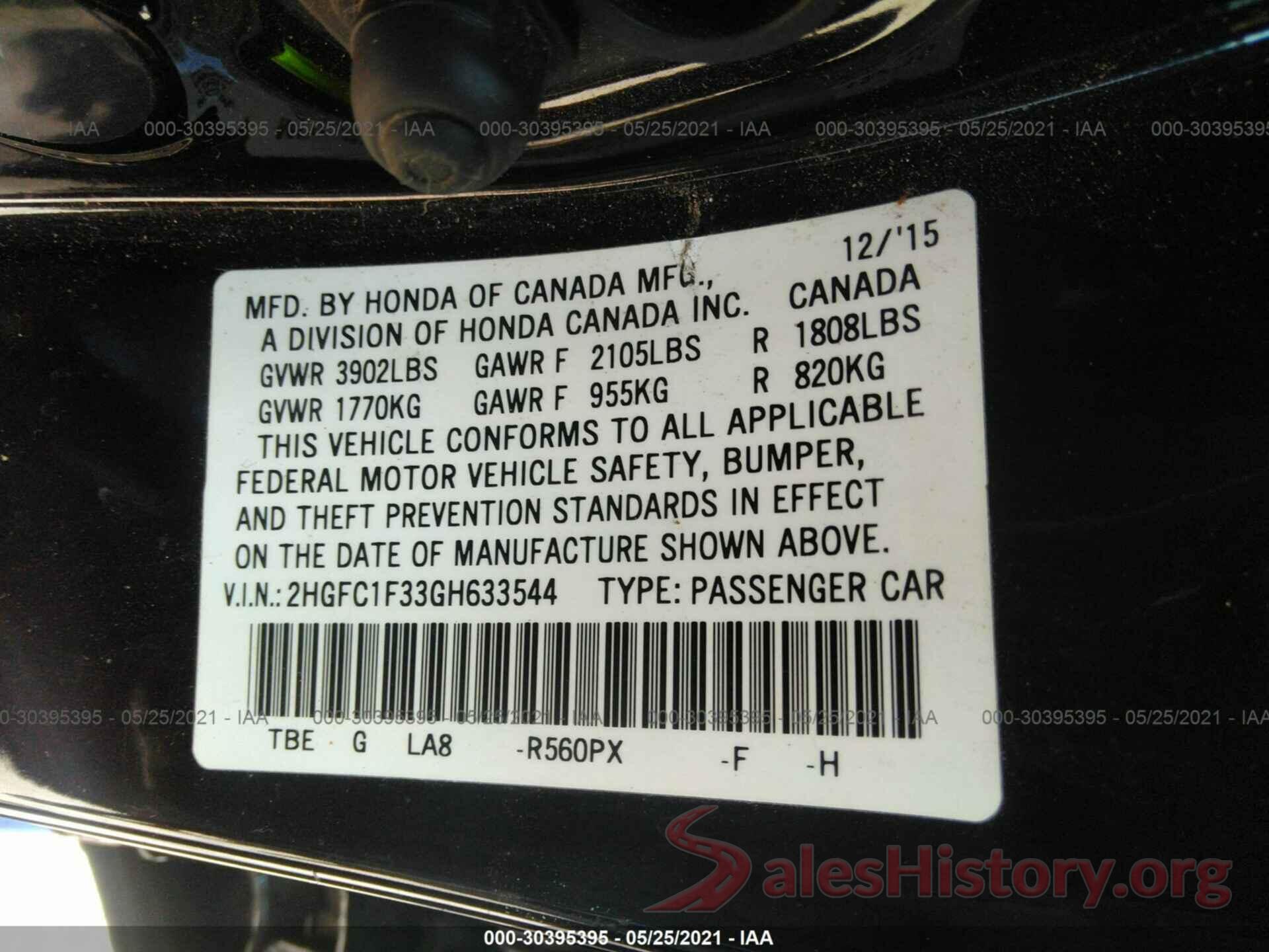 2HGFC1F33GH633544 2016 HONDA CIVIC SEDAN