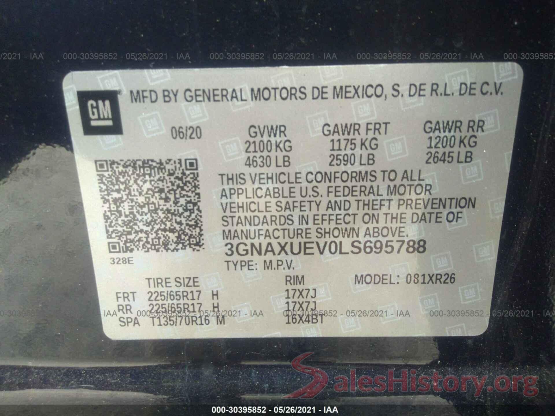 3GNAXUEV0LS695788 2020 CHEVROLET EQUINOX