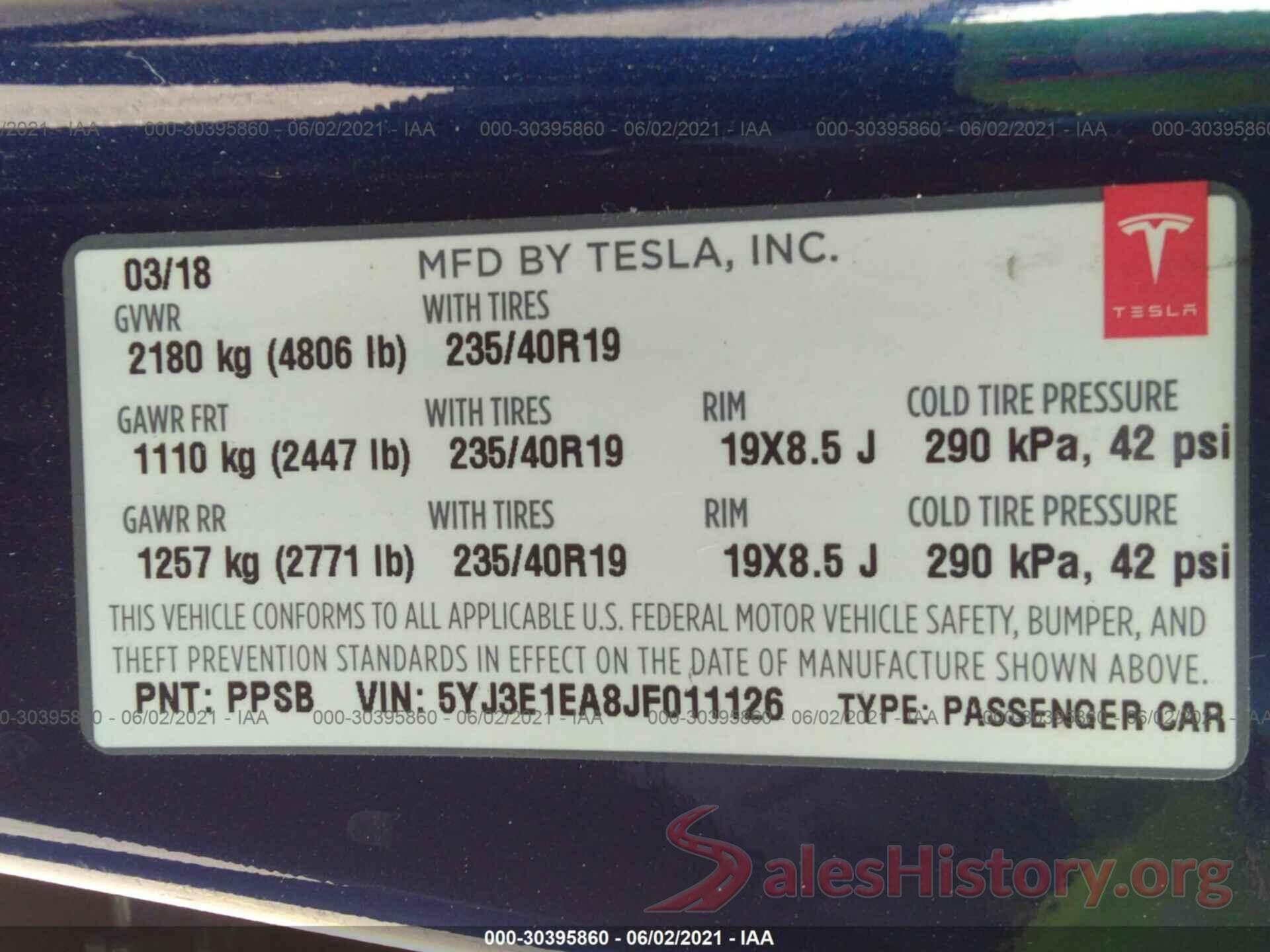 5YJ3E1EA8JF011126 2018 TESLA MODEL 3