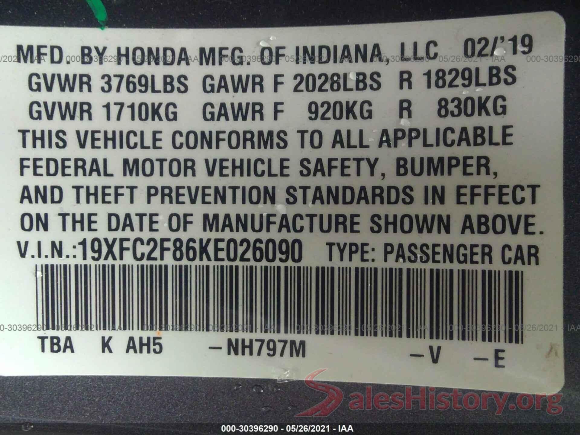 19XFC2F86KE026090 2019 HONDA CIVIC SEDAN