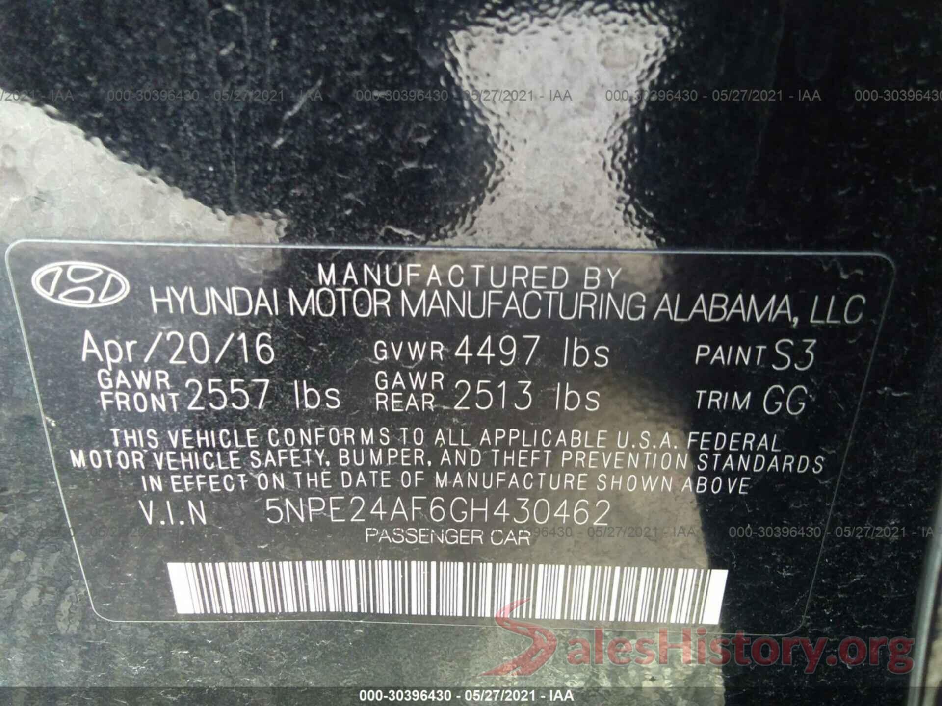 5NPE24AF6GH430462 2016 HYUNDAI SONATA