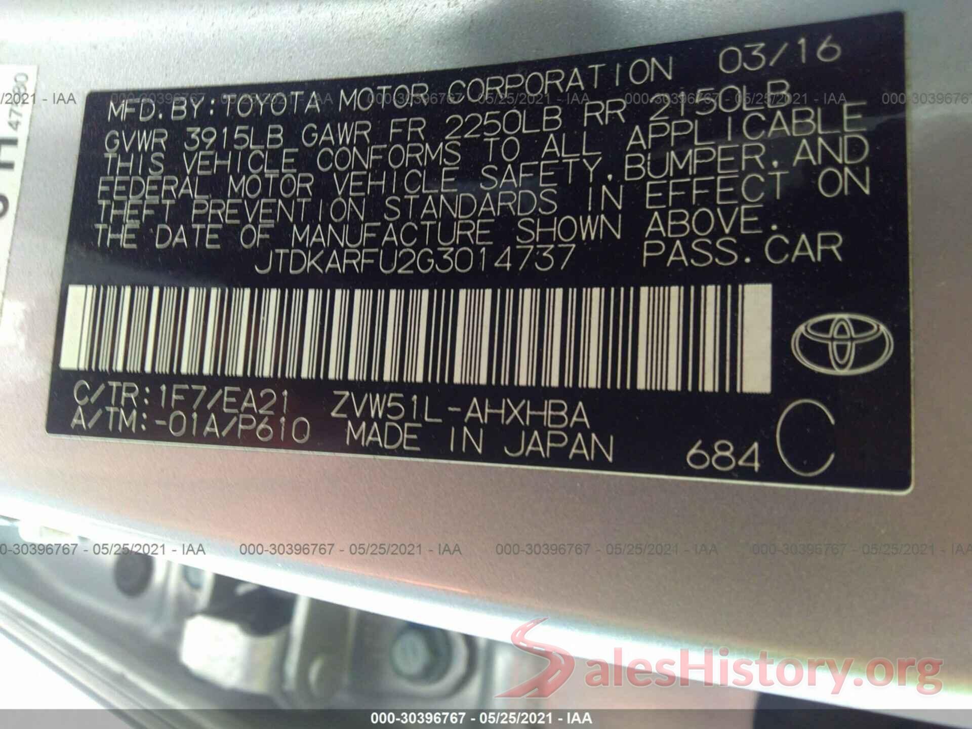 JTDKARFU2G3014737 2016 TOYOTA PRIUS