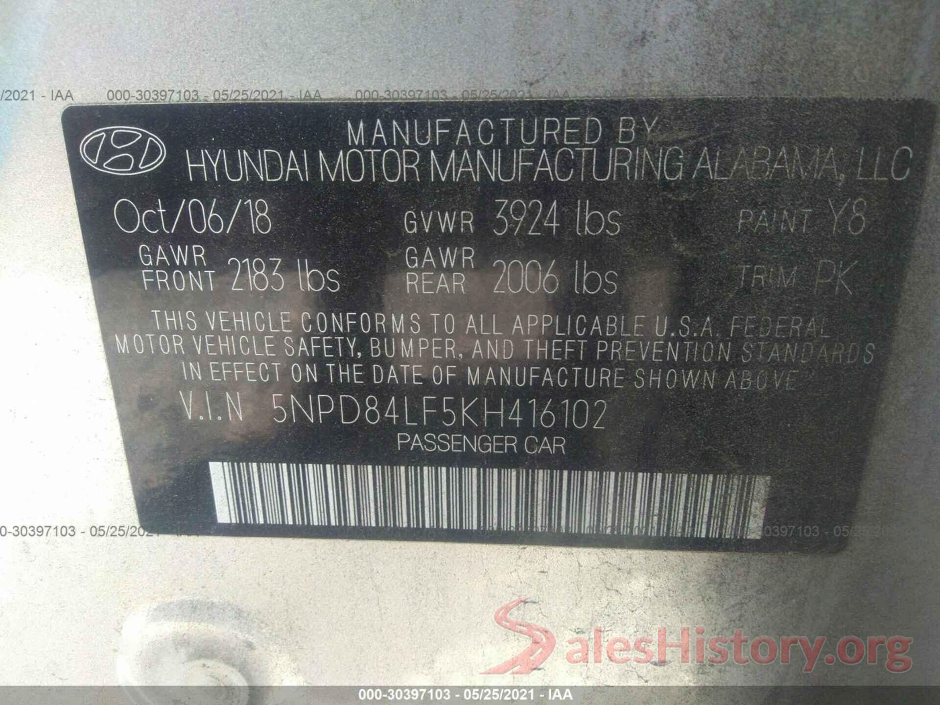 5NPD84LF5KH416102 2019 HYUNDAI ELANTRA