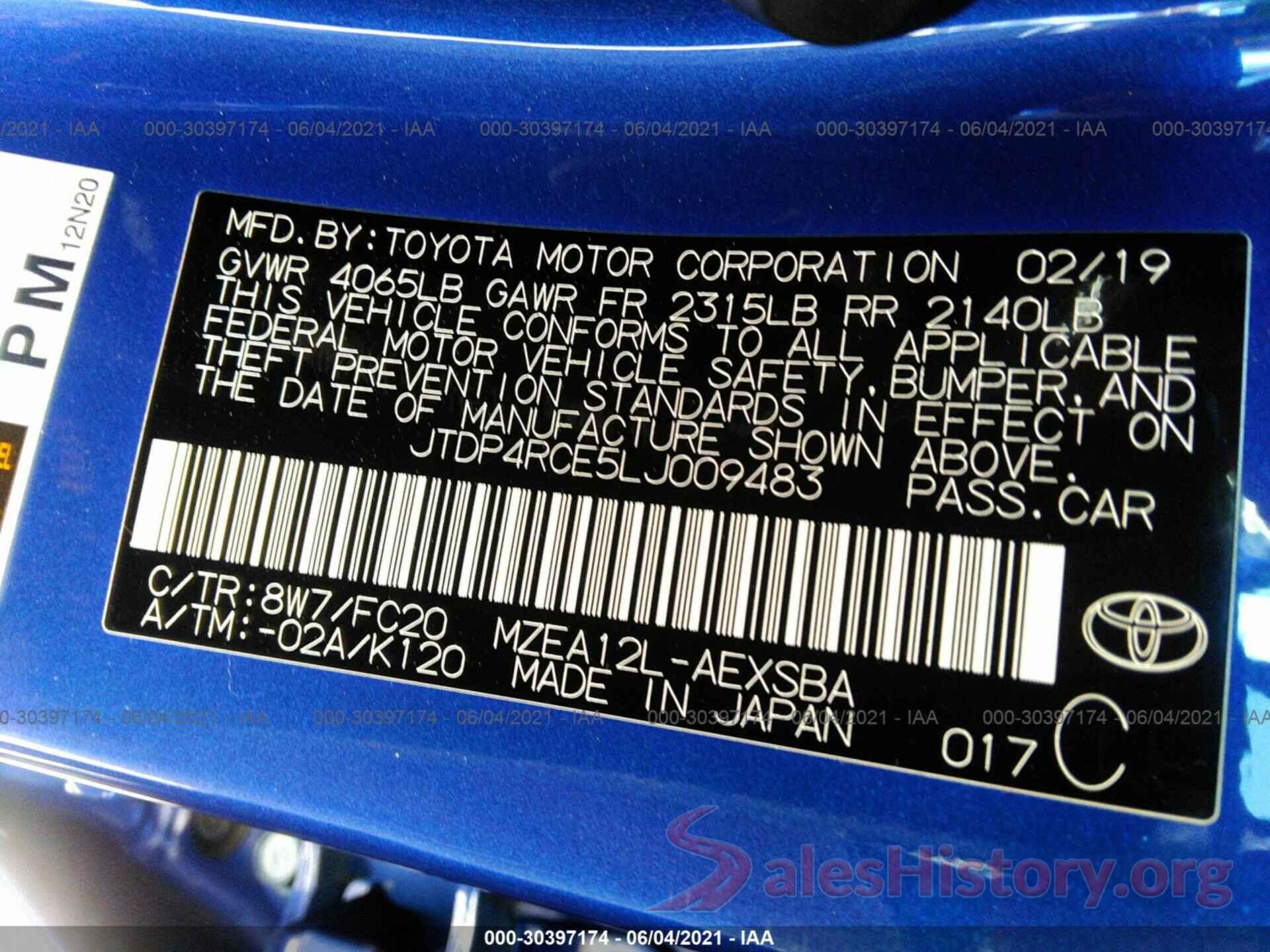 JTDP4RCE5LJ009483 2020 TOYOTA COROLLA