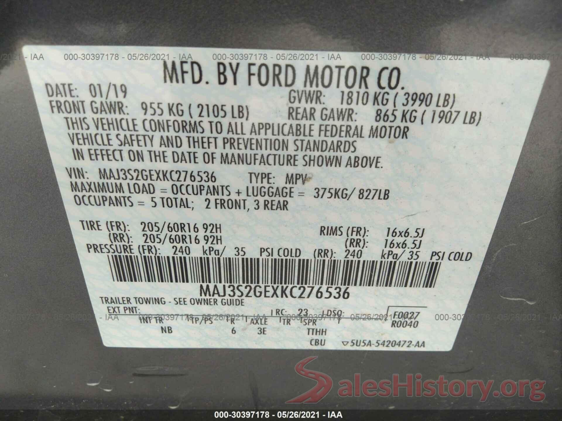 MAJ3S2GEXKC276536 2019 FORD ECOSPORT