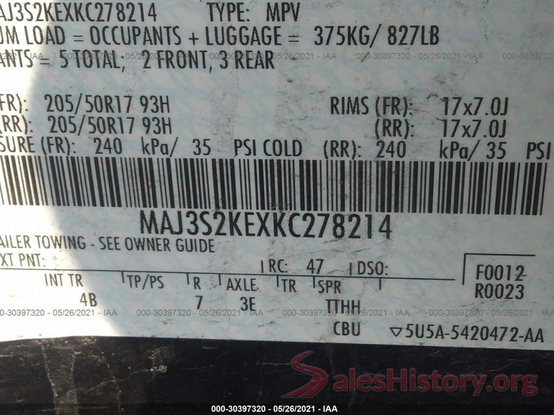 MAJ3S2KEXKC278214 2019 FORD ECOSPORT