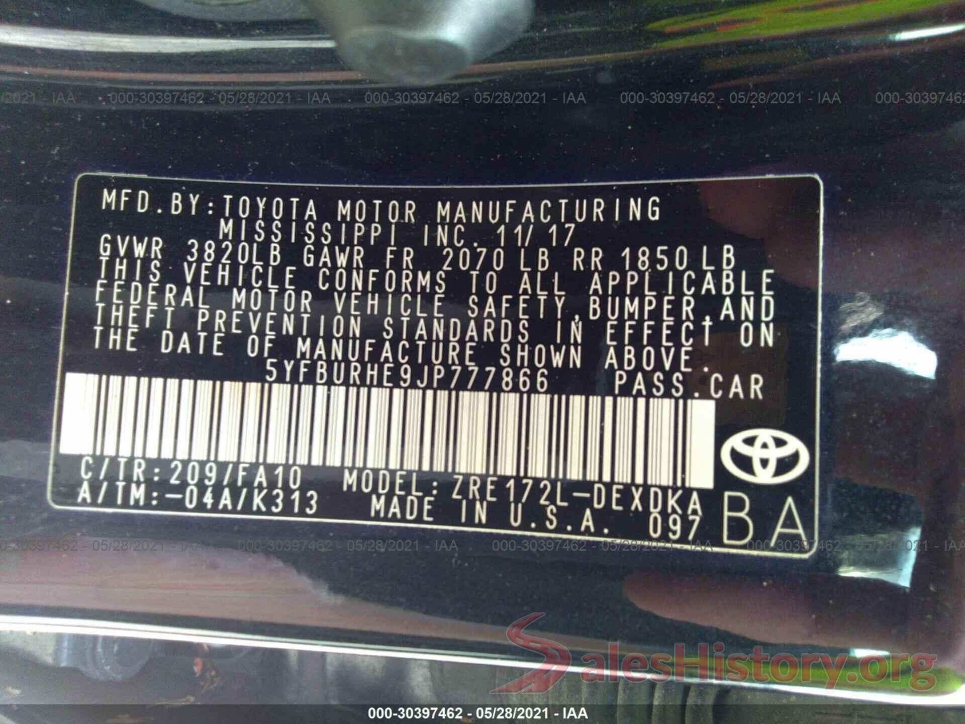 5YFBURHE9JP777866 2018 TOYOTA COROLLA