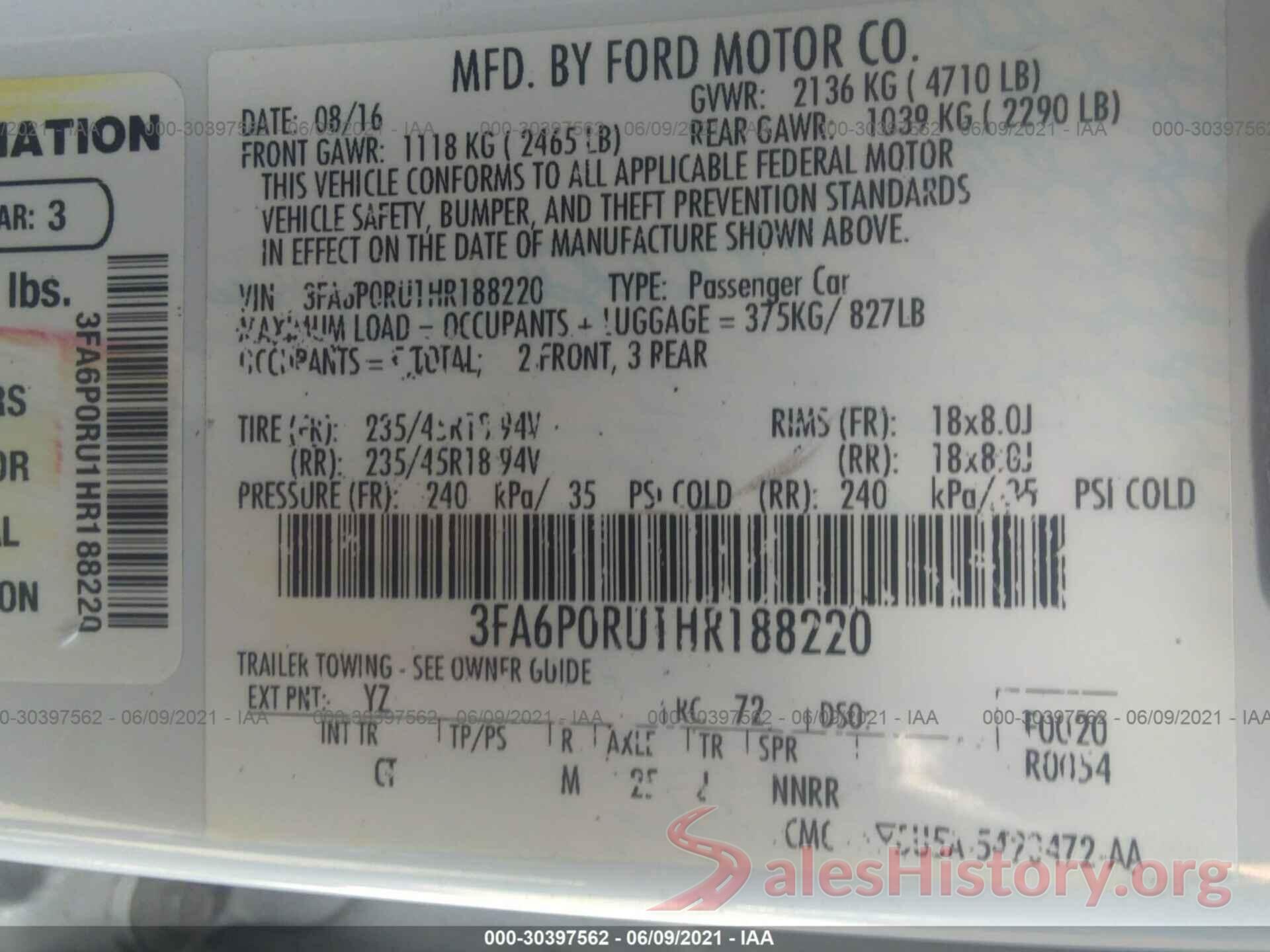 3FA6P0RU1HR188220 2017 FORD FUSION