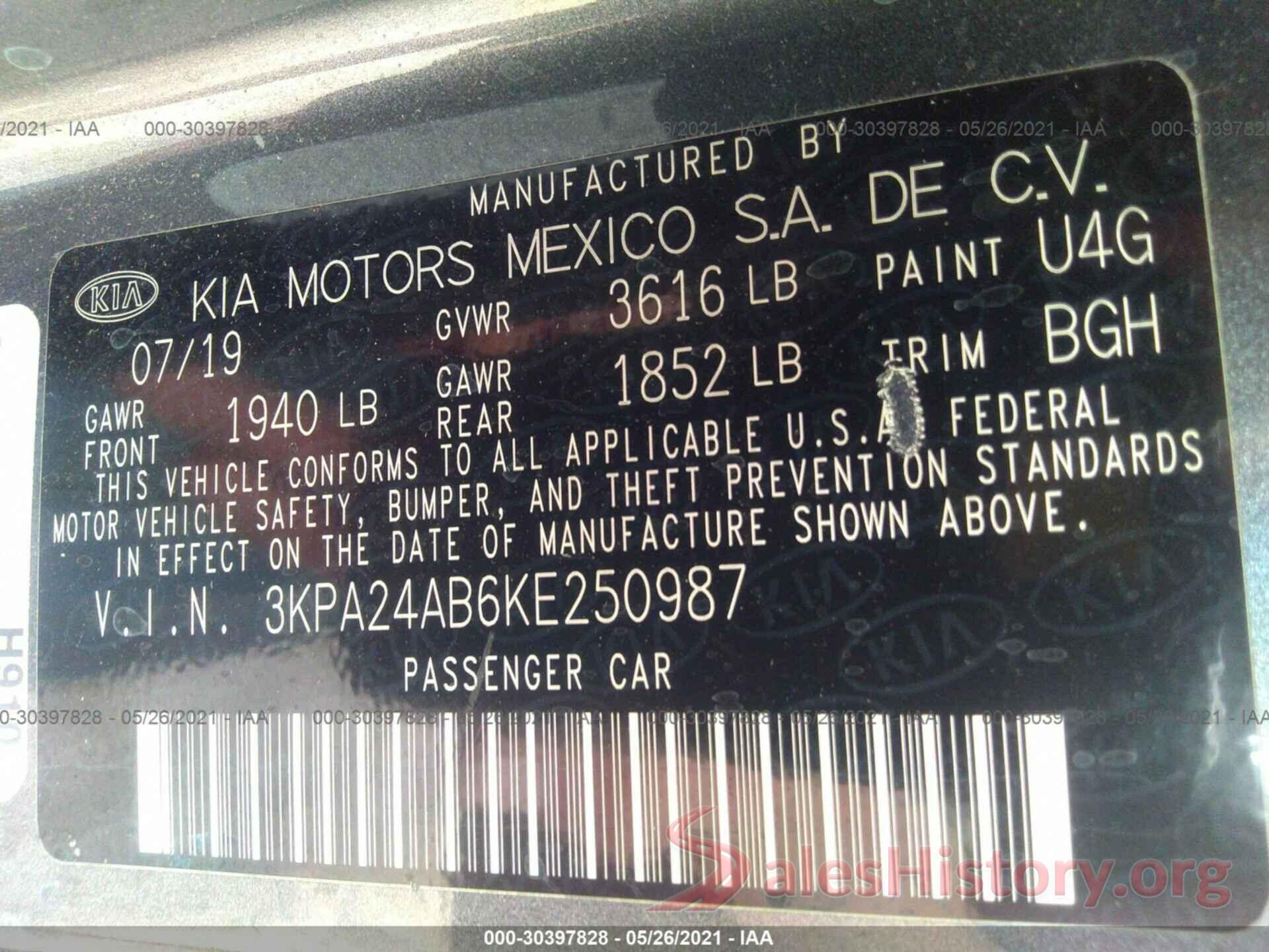 3KPA24AB6KE250987 2019 KIA RIO