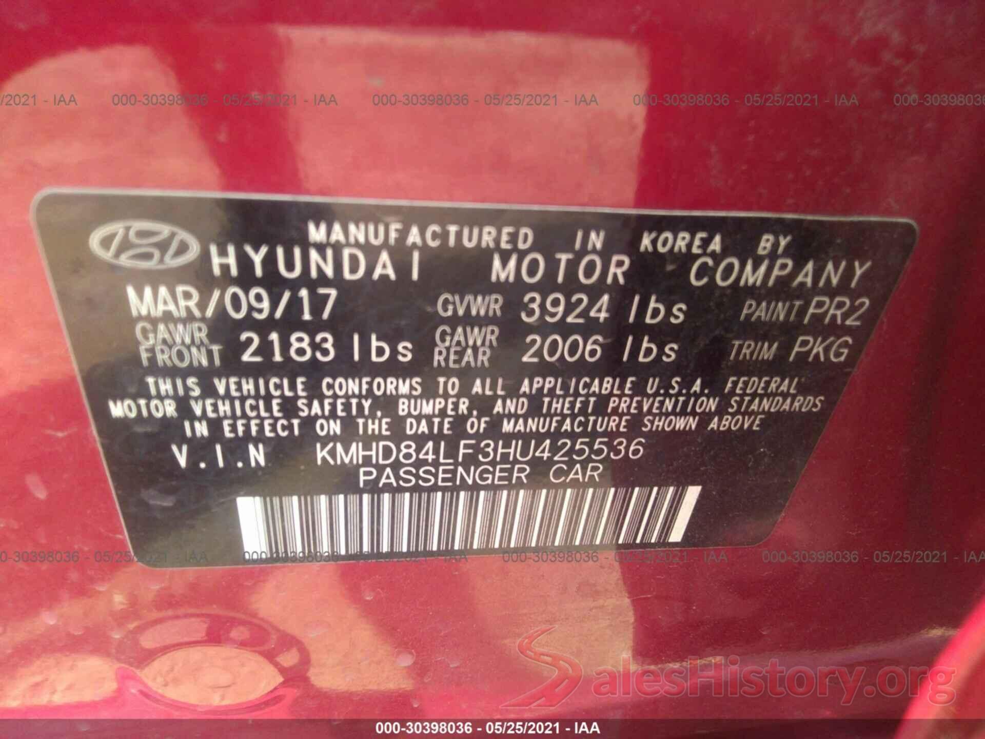 KMHD84LF3HU425536 2017 HYUNDAI ELANTRA