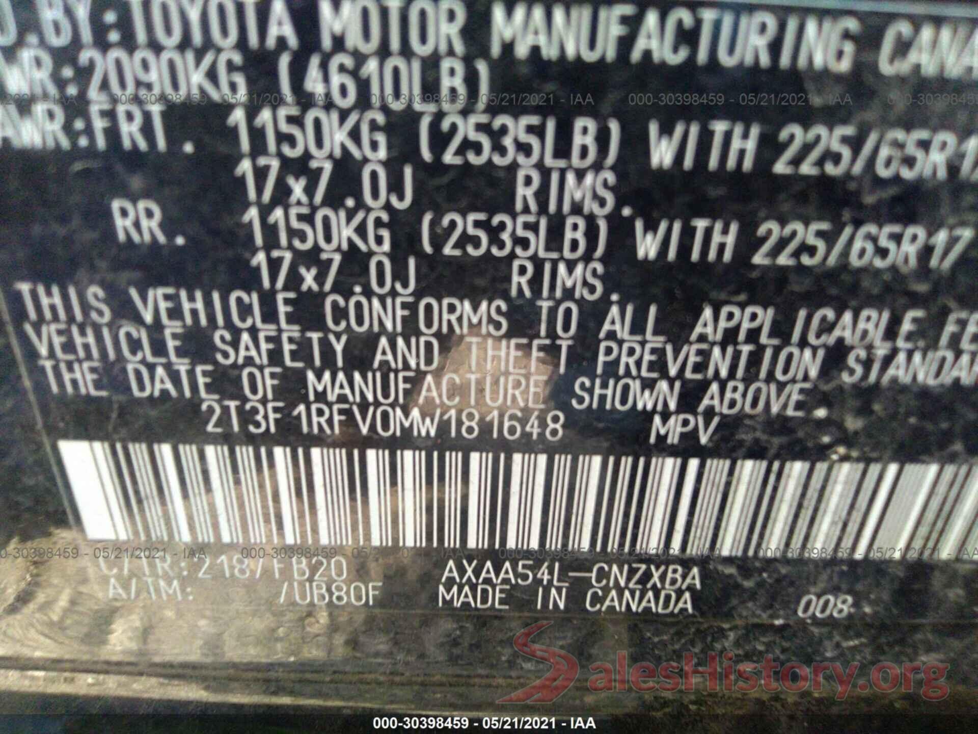 2T3F1RFV0MW181648 2021 TOYOTA RAV4