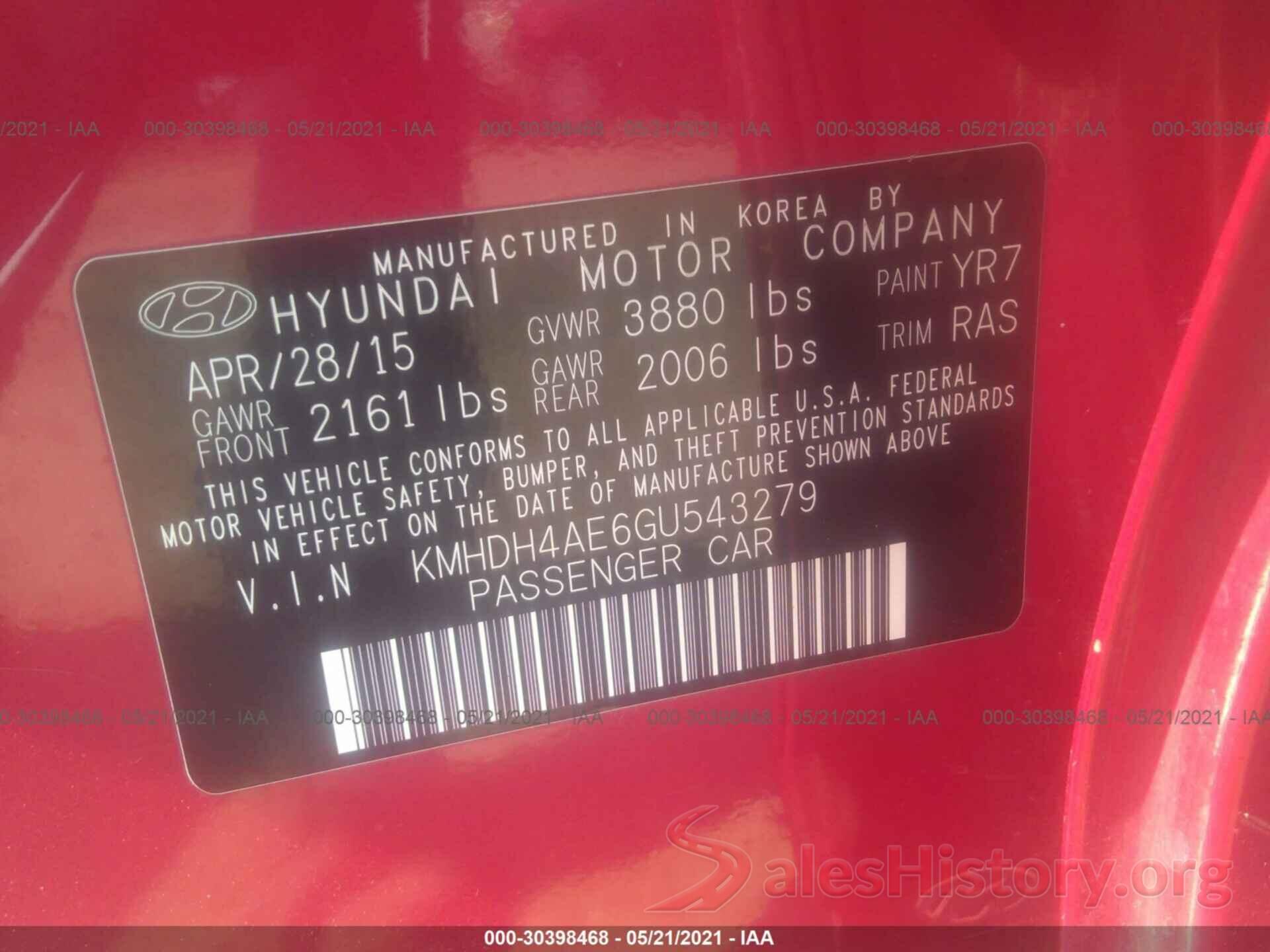 KMHDH4AE6GU543279 2016 HYUNDAI ELANTRA