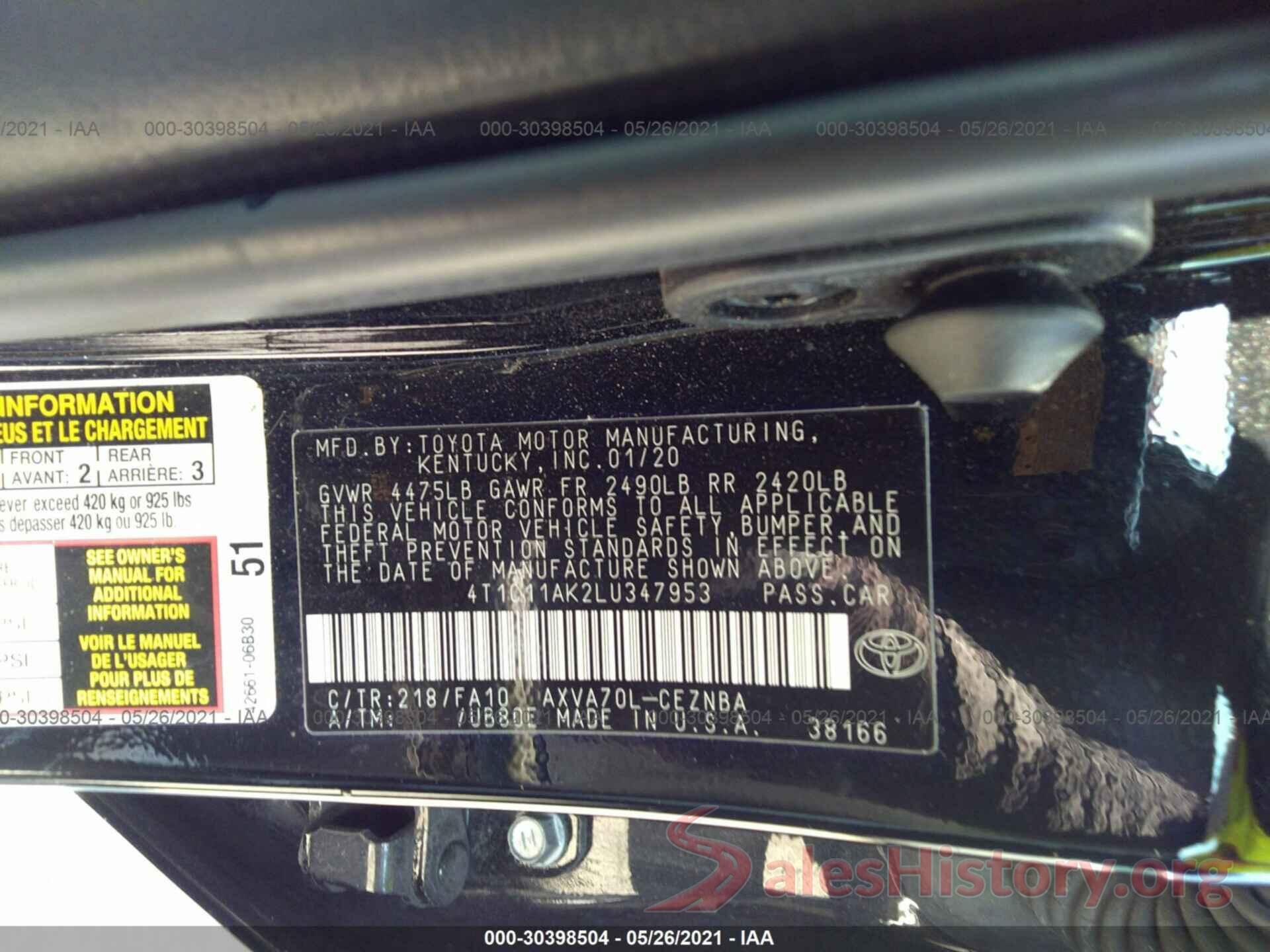 4T1C11AK2LU347953 2020 TOYOTA CAMRY