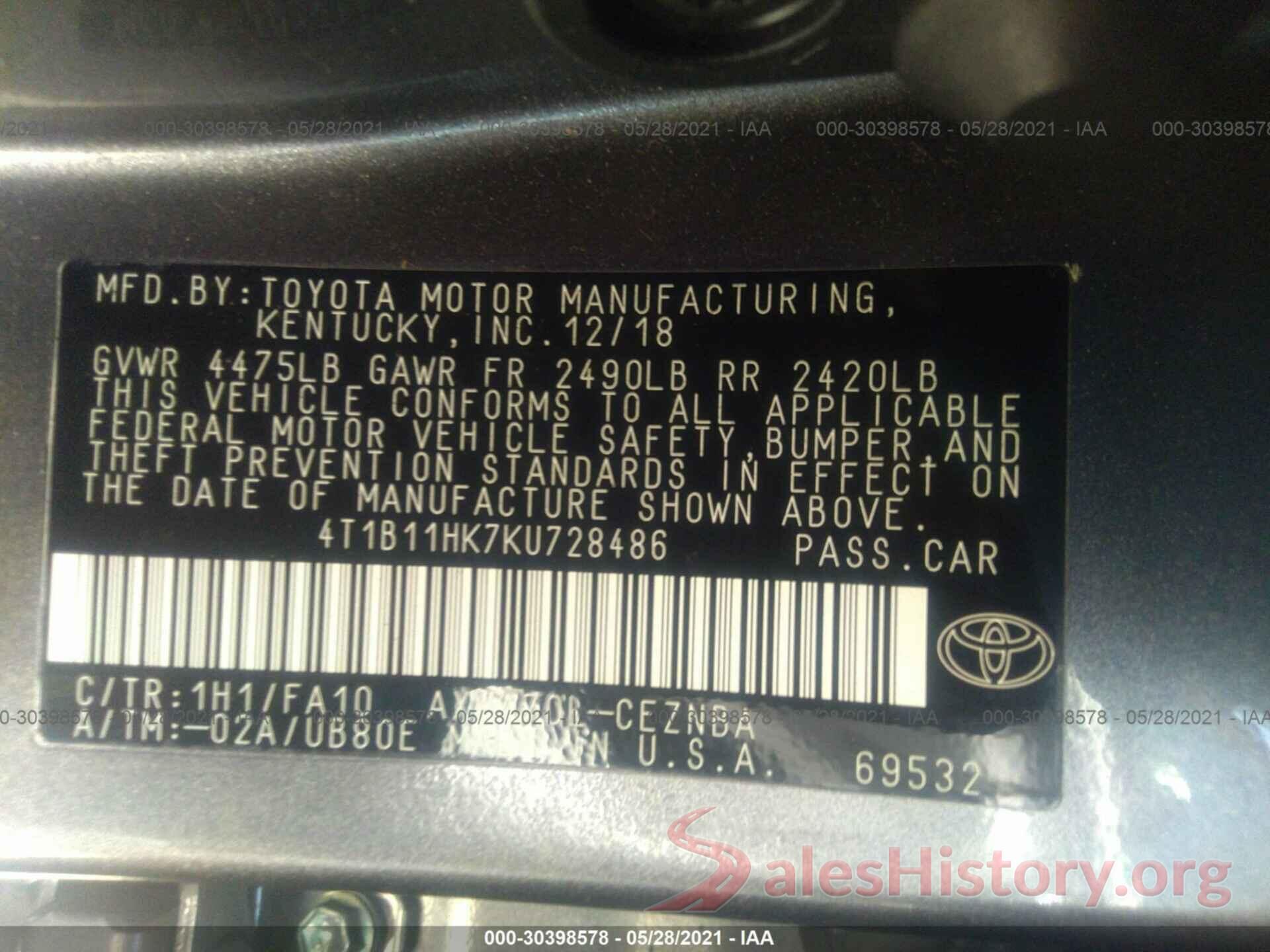 4T1B11HK7KU728486 2019 TOYOTA CAMRY