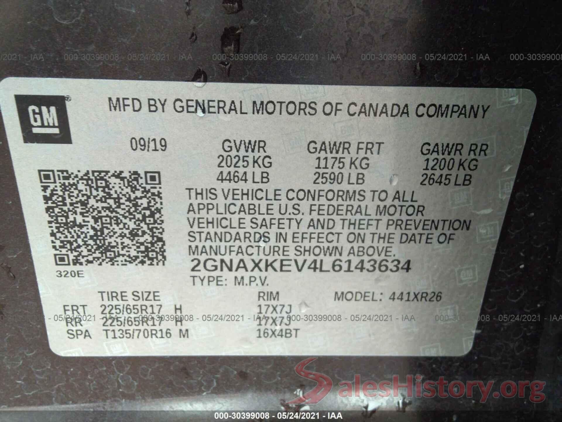 2GNAXKEV4L6143634 2020 CHEVROLET EQUINOX