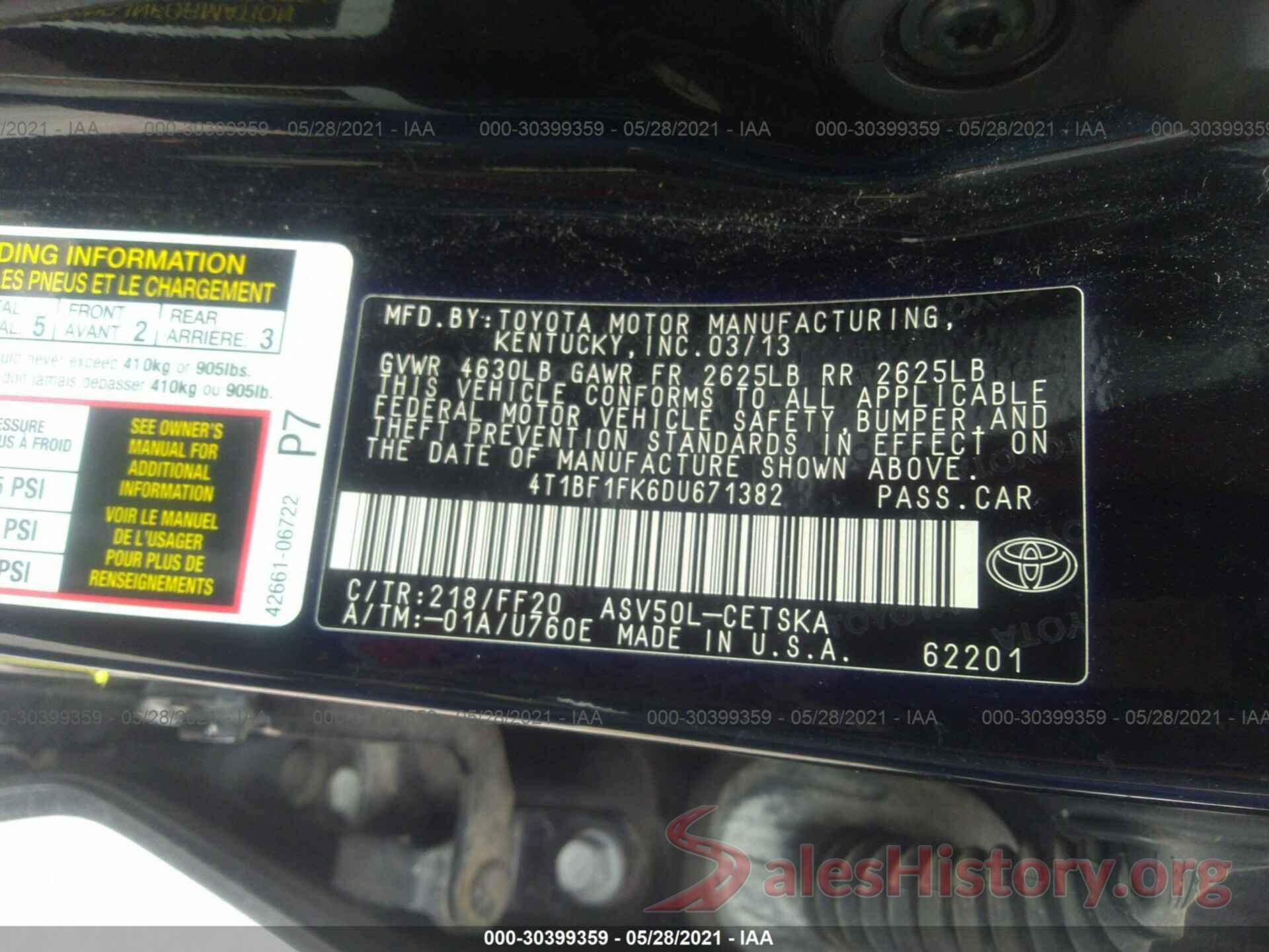 4T1BF1FK6DU671382 2013 TOYOTA CAMRY