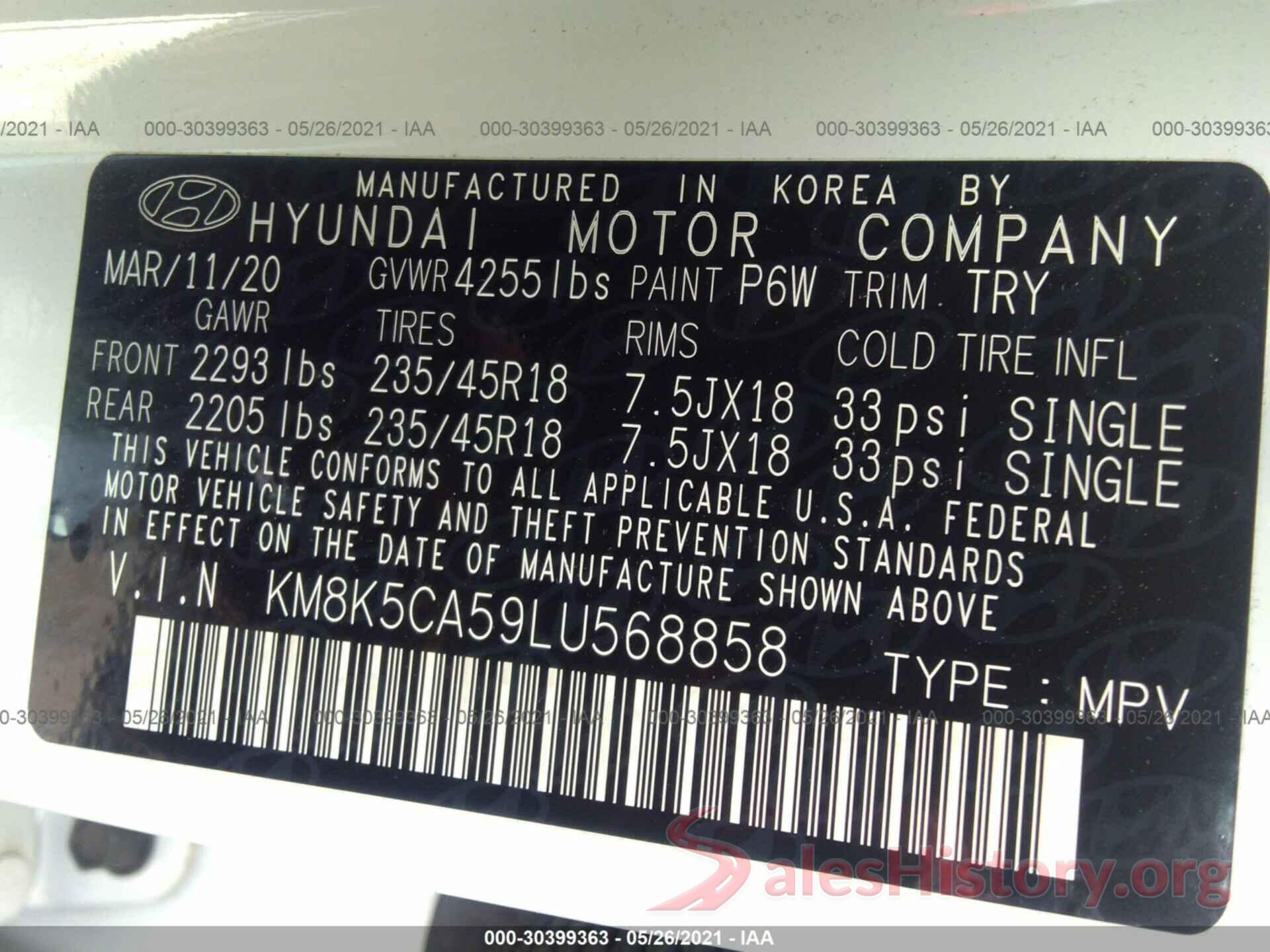 KM8K5CA59LU568858 2020 HYUNDAI KONA