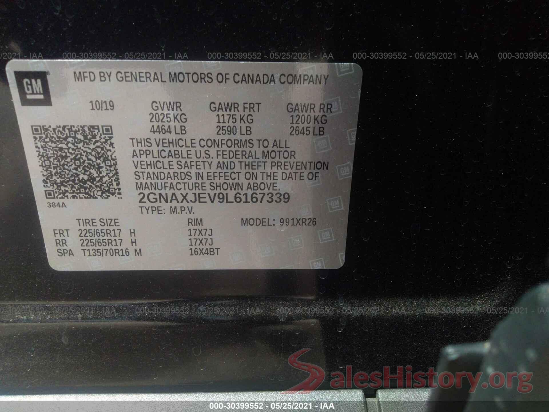 2GNAXJEV9L6167339 2020 CHEVROLET EQUINOX