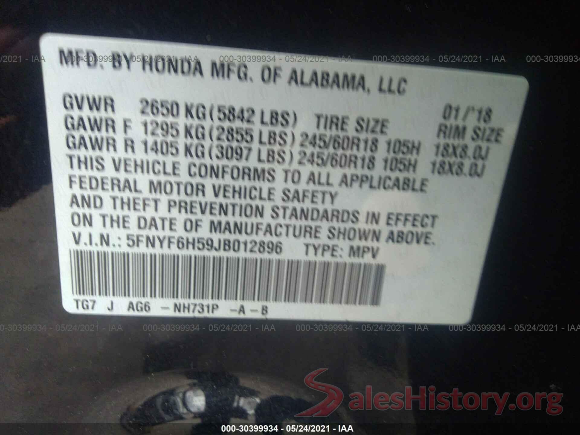 5FNYF6H59JB012896 2018 HONDA PILOT