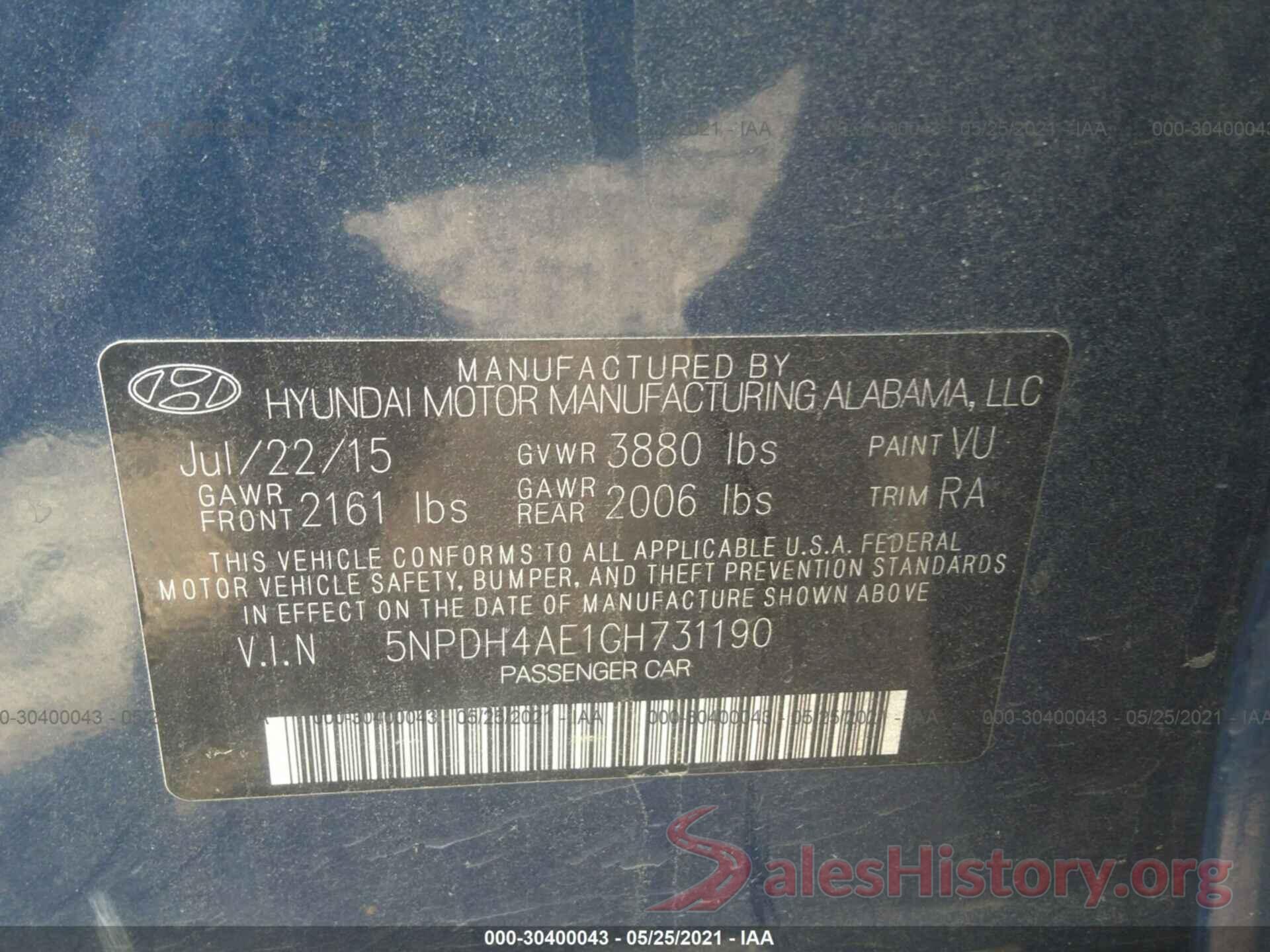 5NPDH4AE1GH731190 2016 HYUNDAI ELANTRA