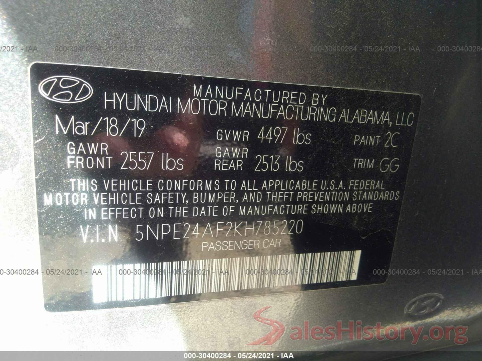 5NPE24AF2KH785220 2019 HYUNDAI SONATA