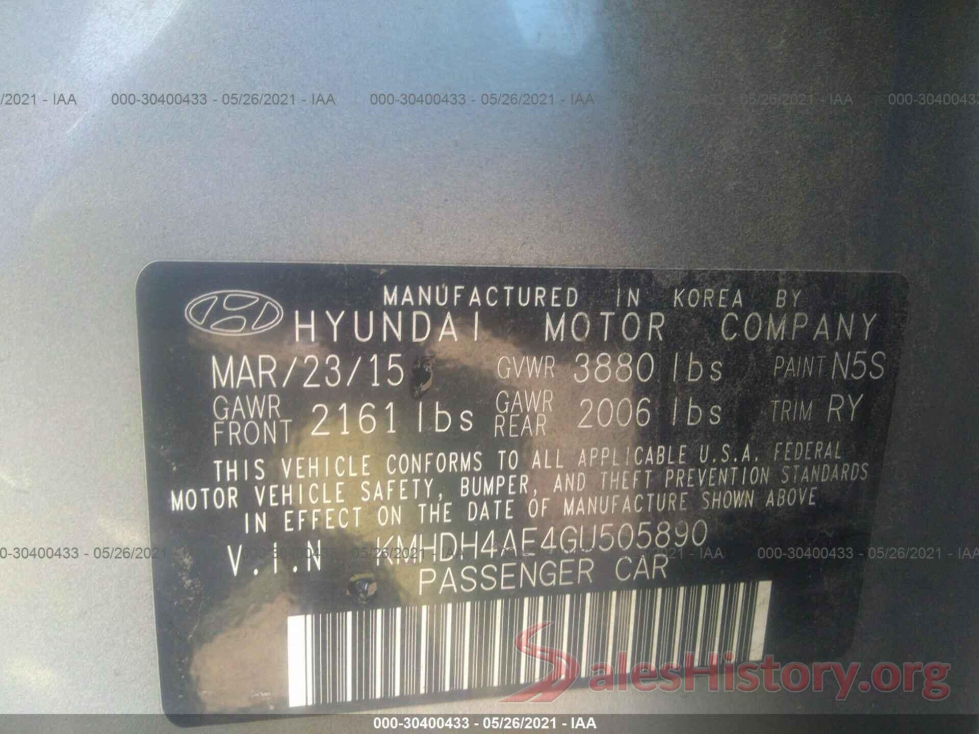 KMHDH4AE4GU505890 2016 HYUNDAI ELANTRA