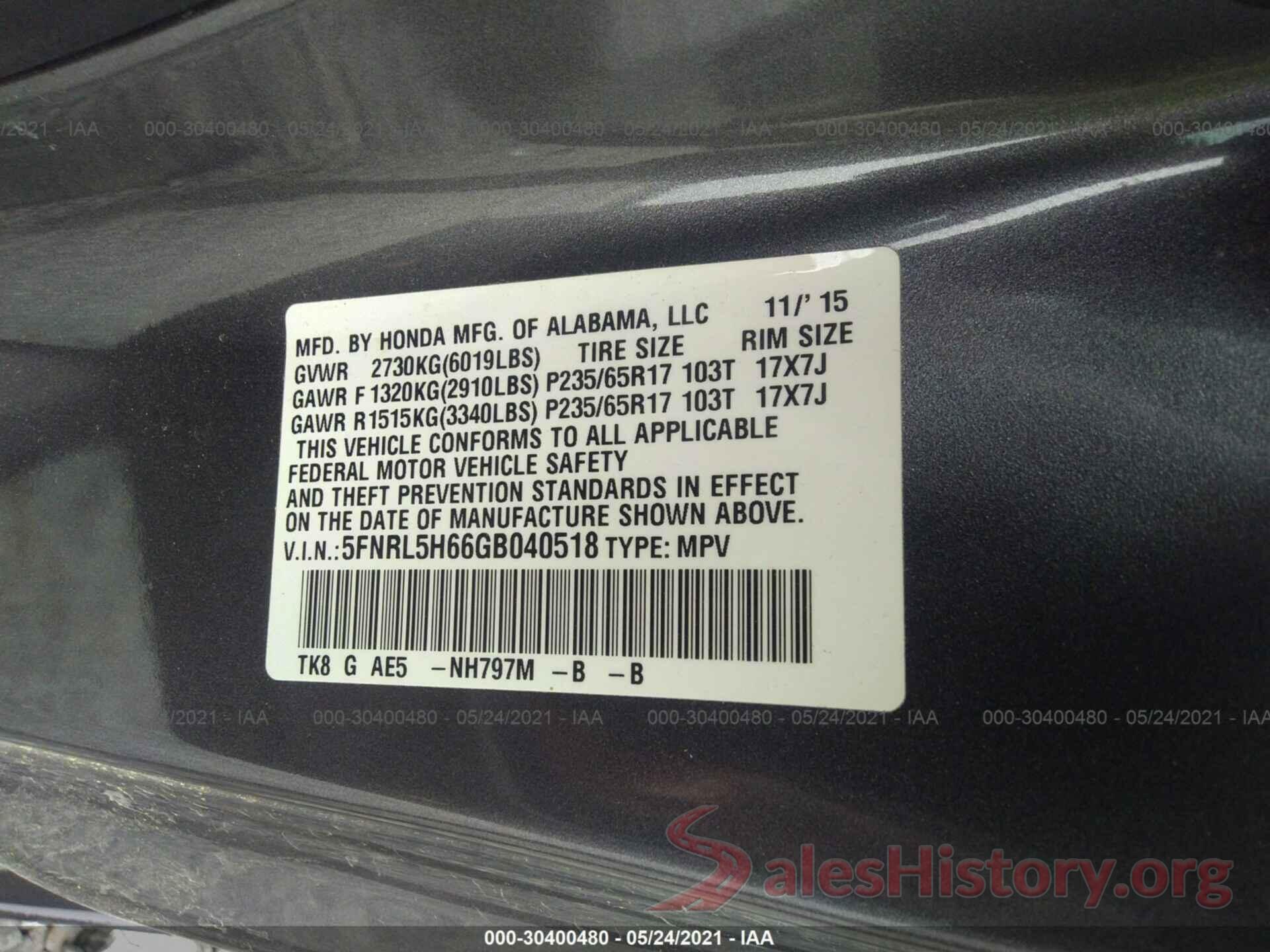 5FNRL5H66GB040518 2016 HONDA ODYSSEY