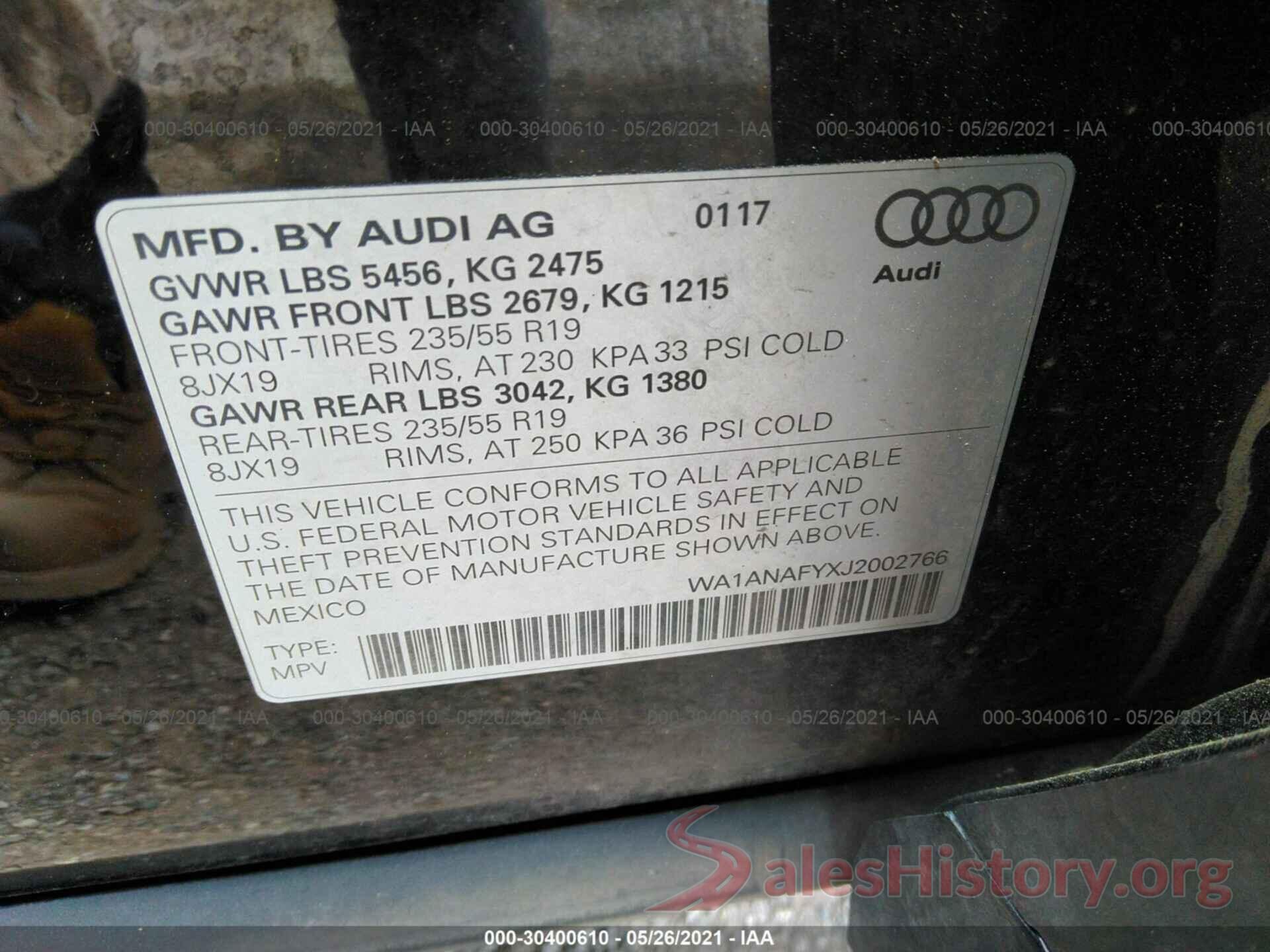 WA1ANAFYXJ2002766 2018 AUDI Q5