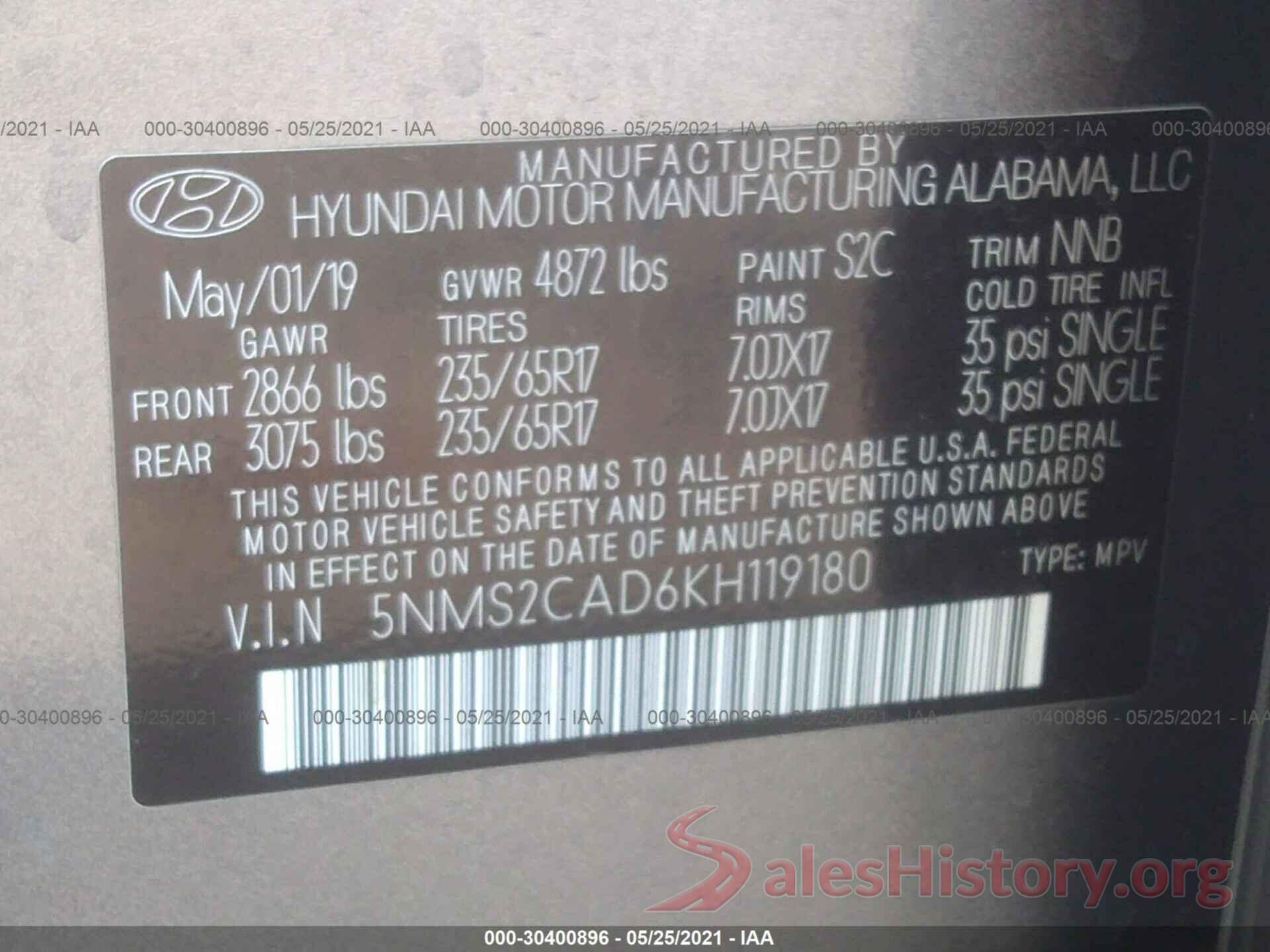 5NMS2CAD6KH119180 2019 HYUNDAI SANTA FE