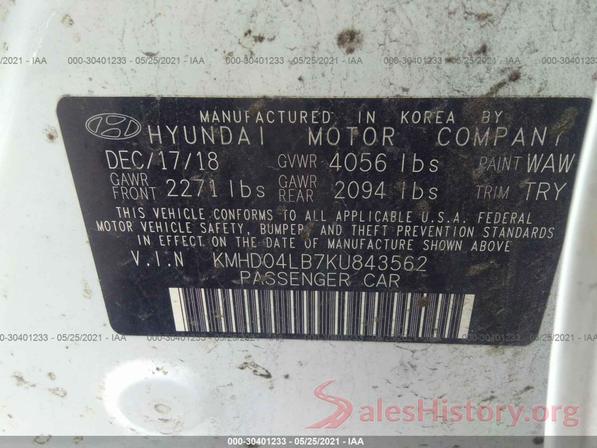 KMHD04LB7KU843562 2019 HYUNDAI ELANTRA