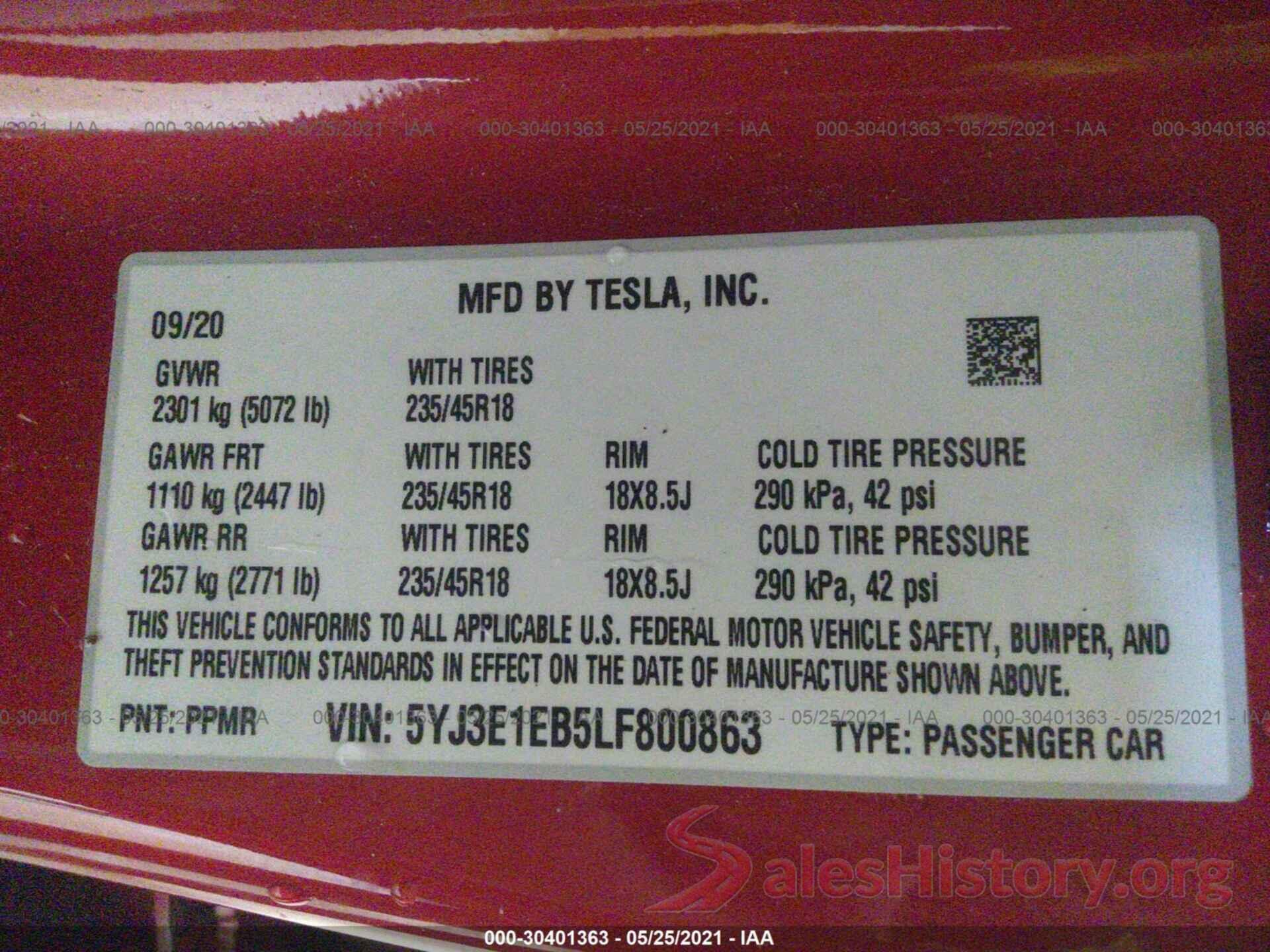 5YJ3E1EB5LF800863 2020 TESLA MODEL 3